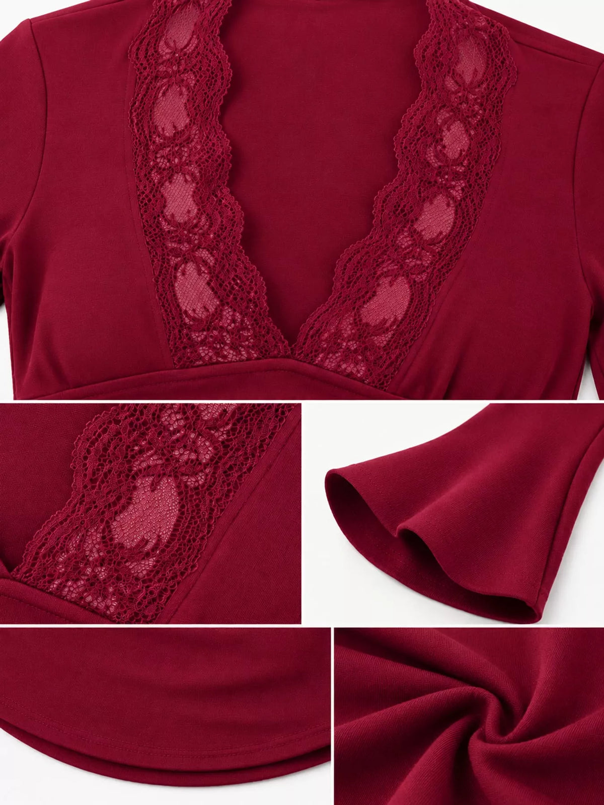 Burgundy lace trim v-neck long sleeve slim fit t-shirt