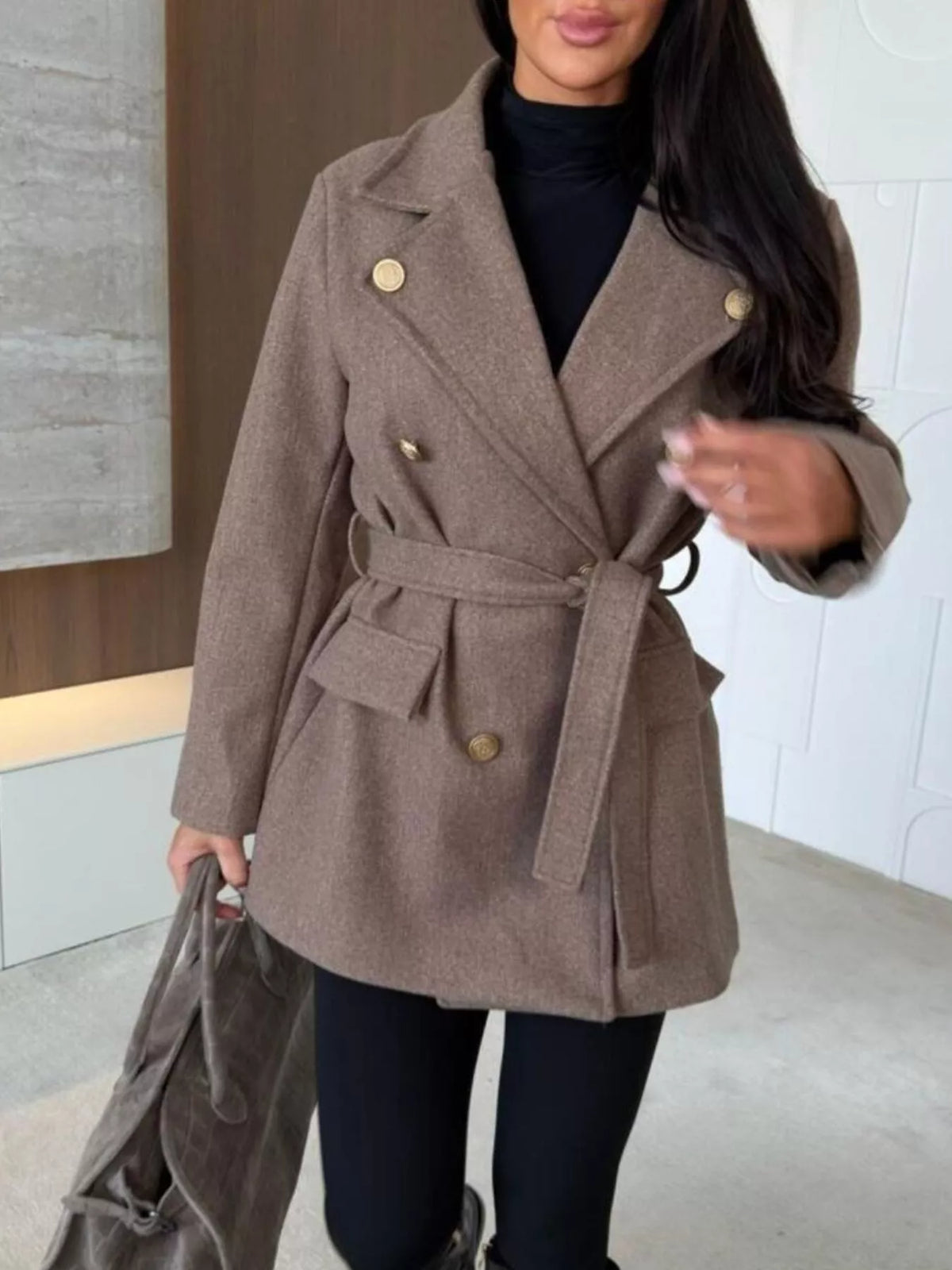 Mocha double-breasted belted wool-blend coat