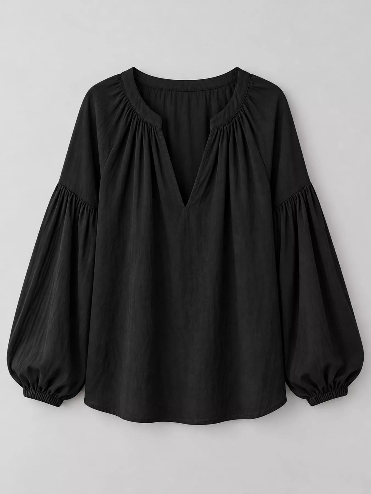Notched Balloon Sleeve Blouse in black, front view