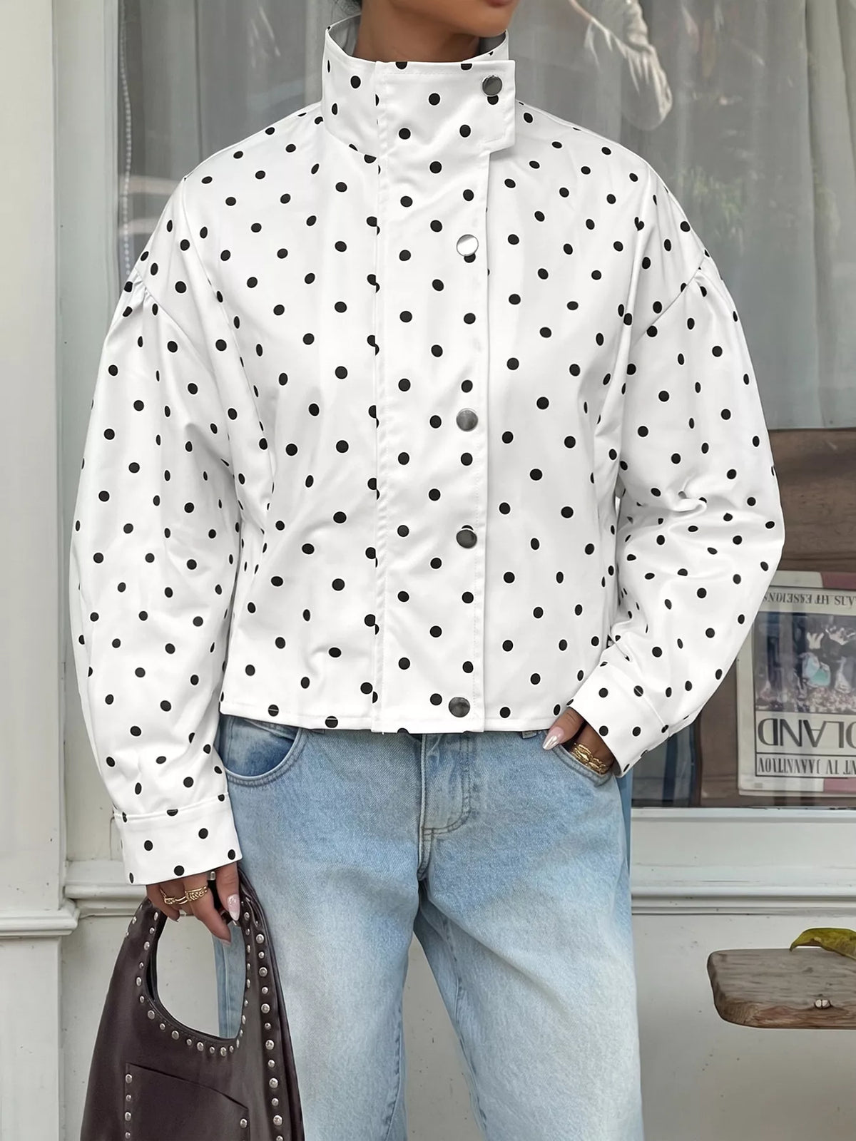 Trendsi Polka Dot Zip Up Cropped Jacket -