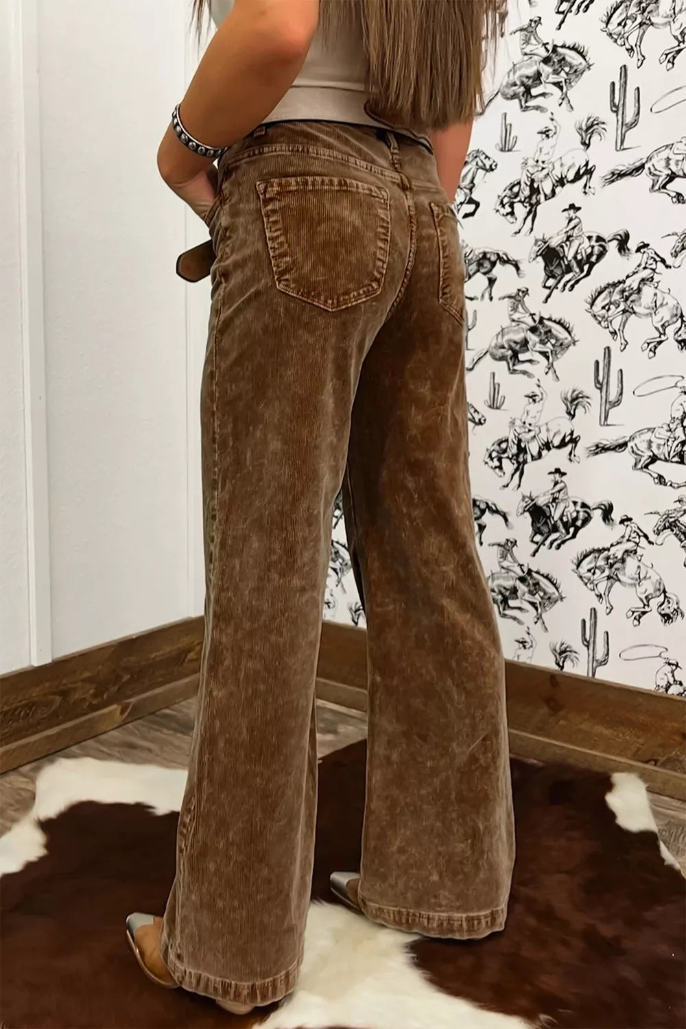 Women's Straight Leg Corduroy Metal Button Zip-up Pants in Taupe, detail view