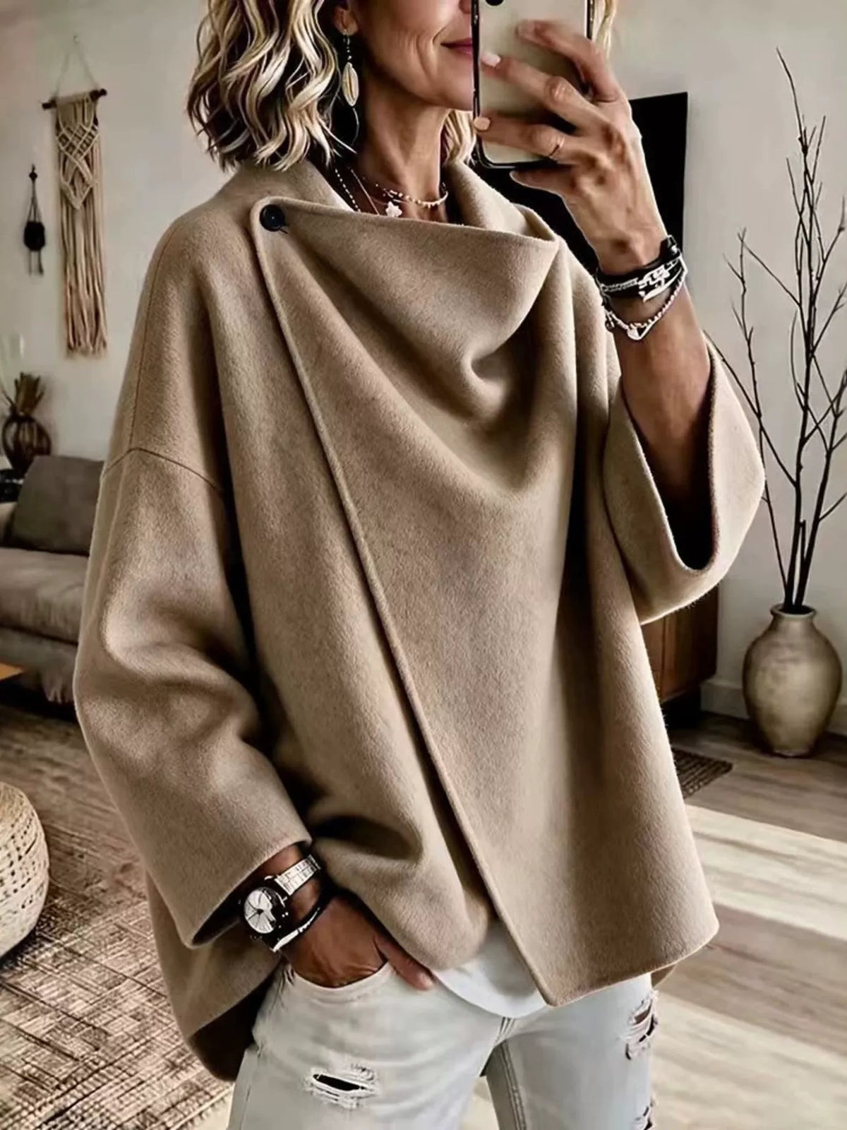 Women's Asymmetric Collar Button Detail Jacket in taupe — front view