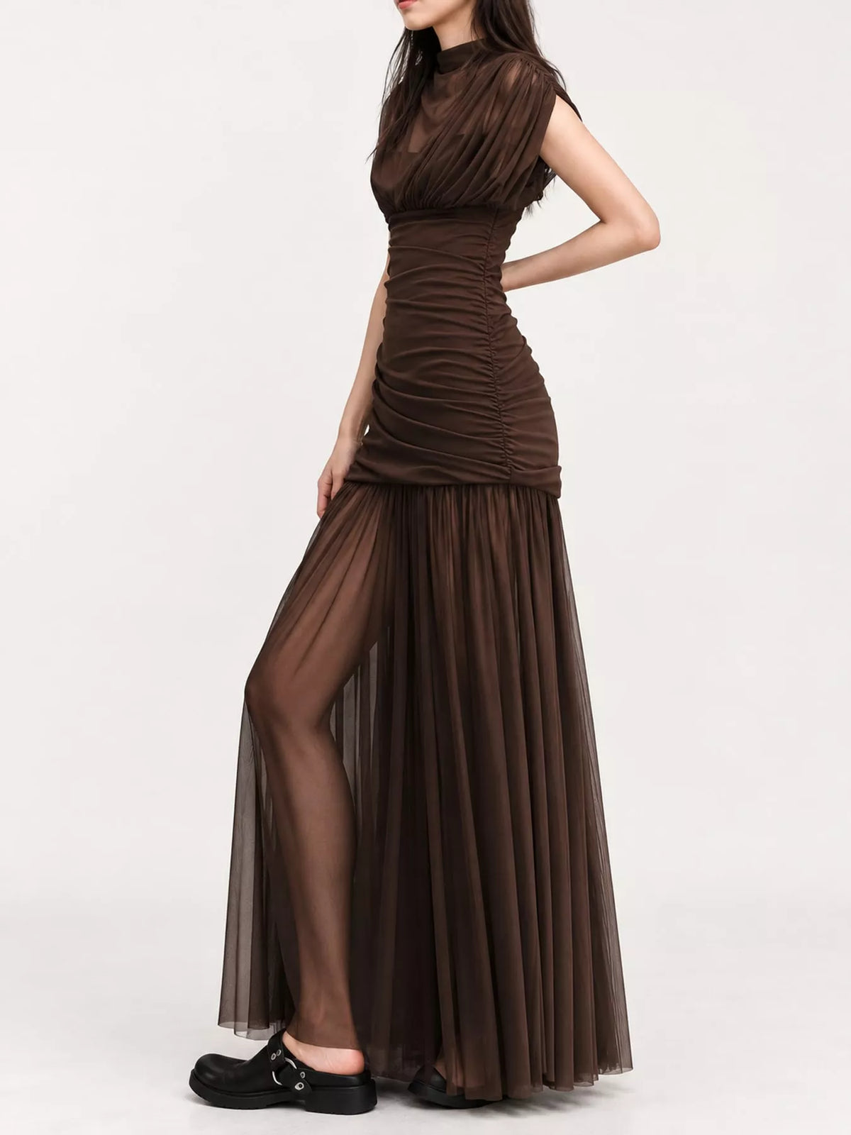 Brown mock neck ruched maxi dress, front view