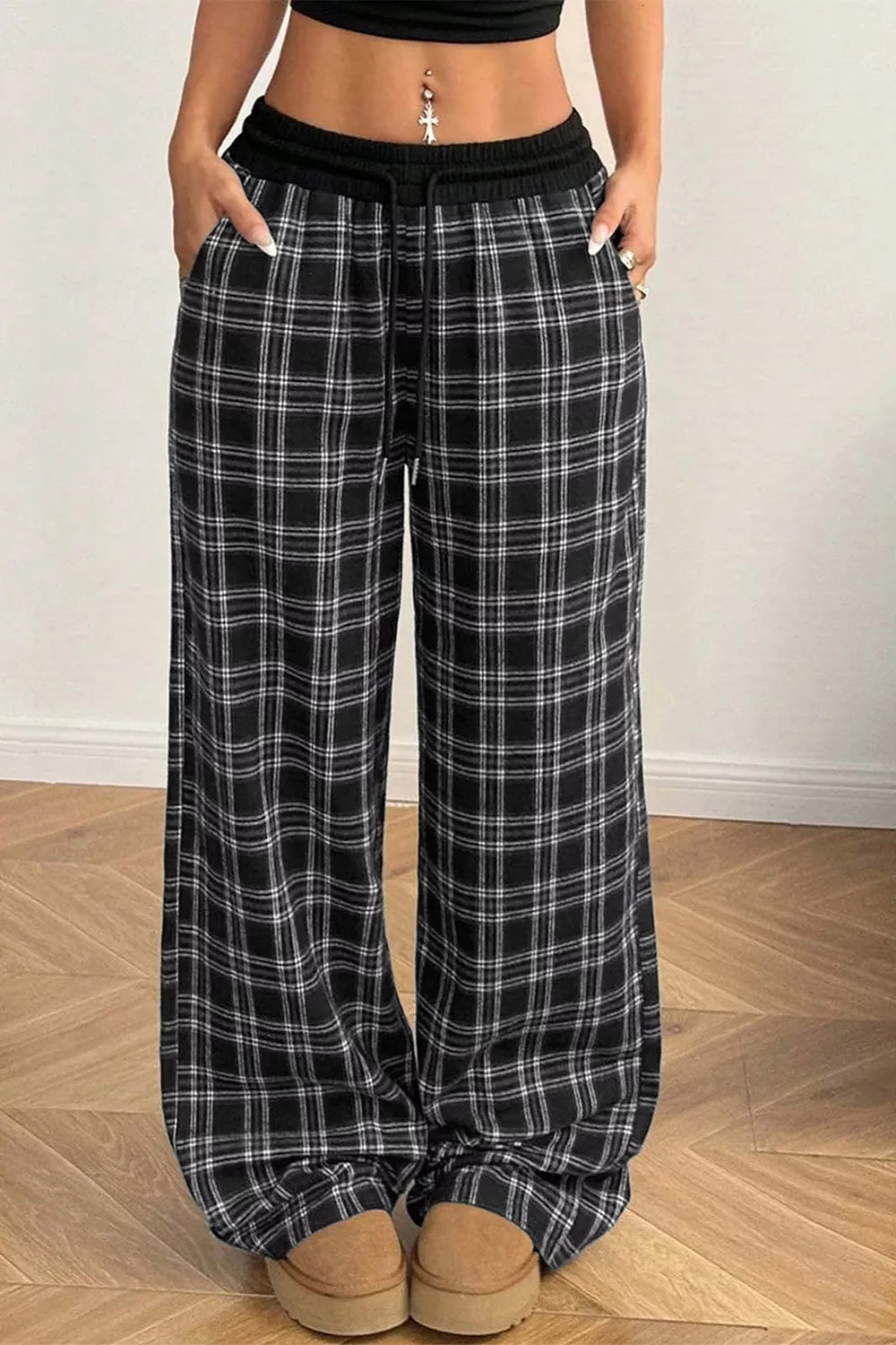 Trendsi Plaid Wide-Leg Drawstring Pants -