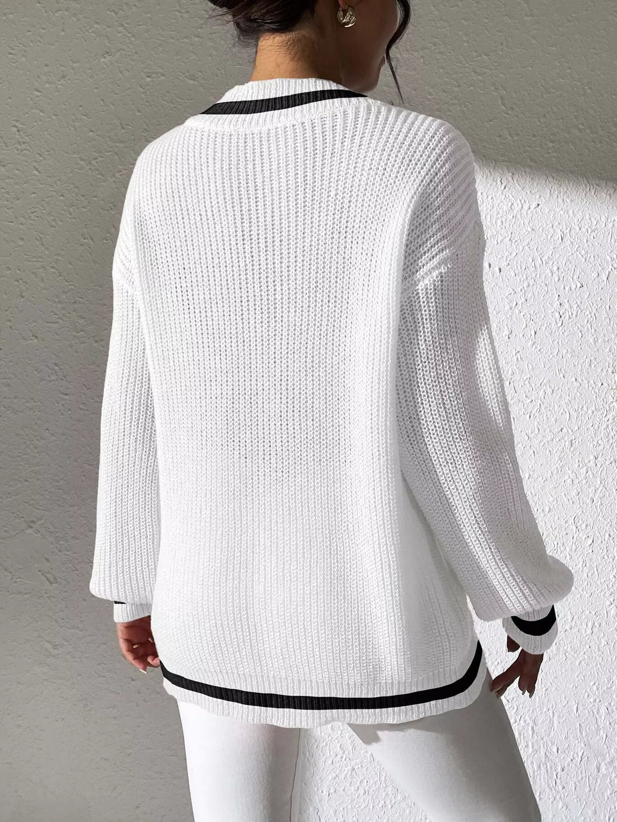V-neck contrast-trim sweater with pearl decor in white, back view