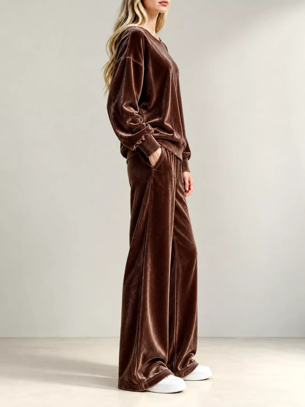 Velour Long Sleeve Top and Wide-Leg Pants Set — side view
