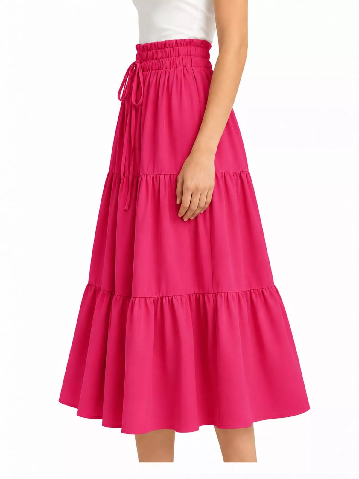 Pink drawstring tiered skirt — side view