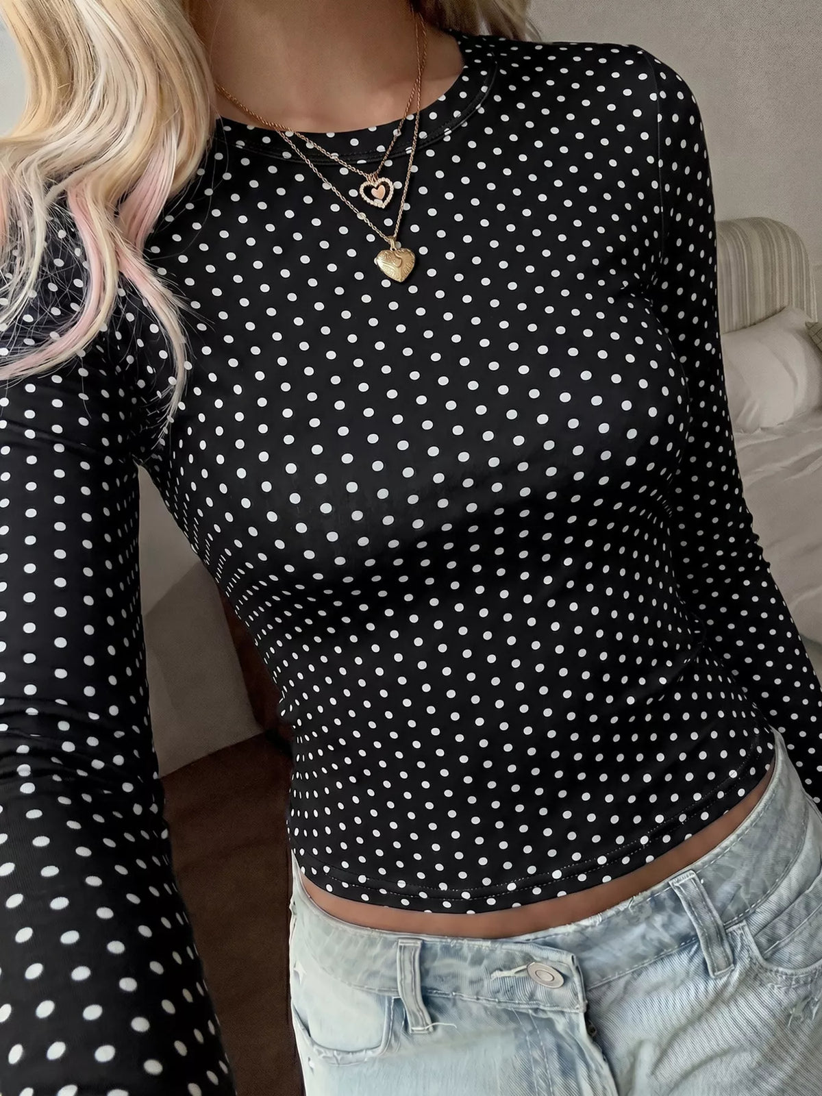 Black polka dot slim-fit long sleeve T-shirt