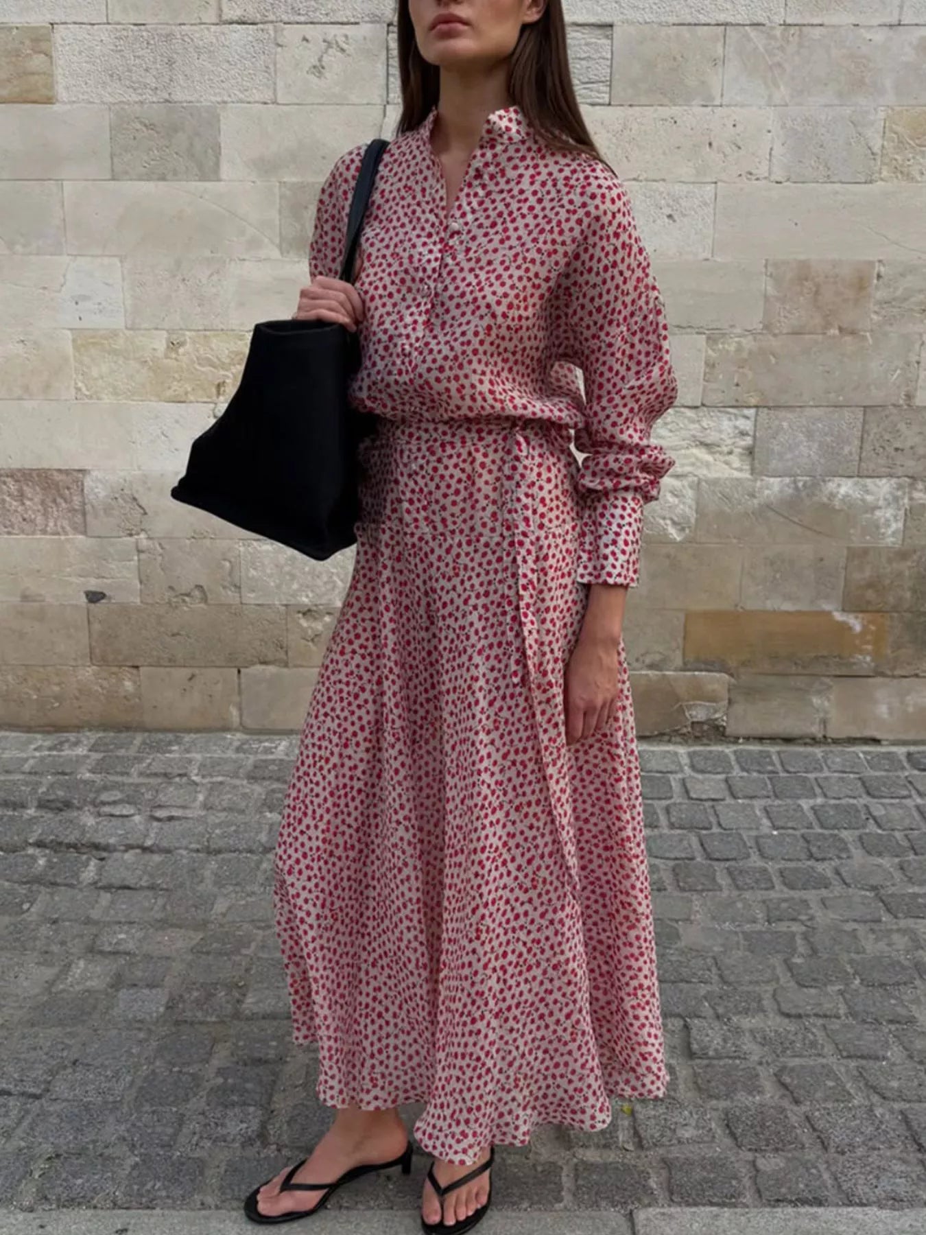 Trendsi Floral Button Front Long Sleeve Dress -