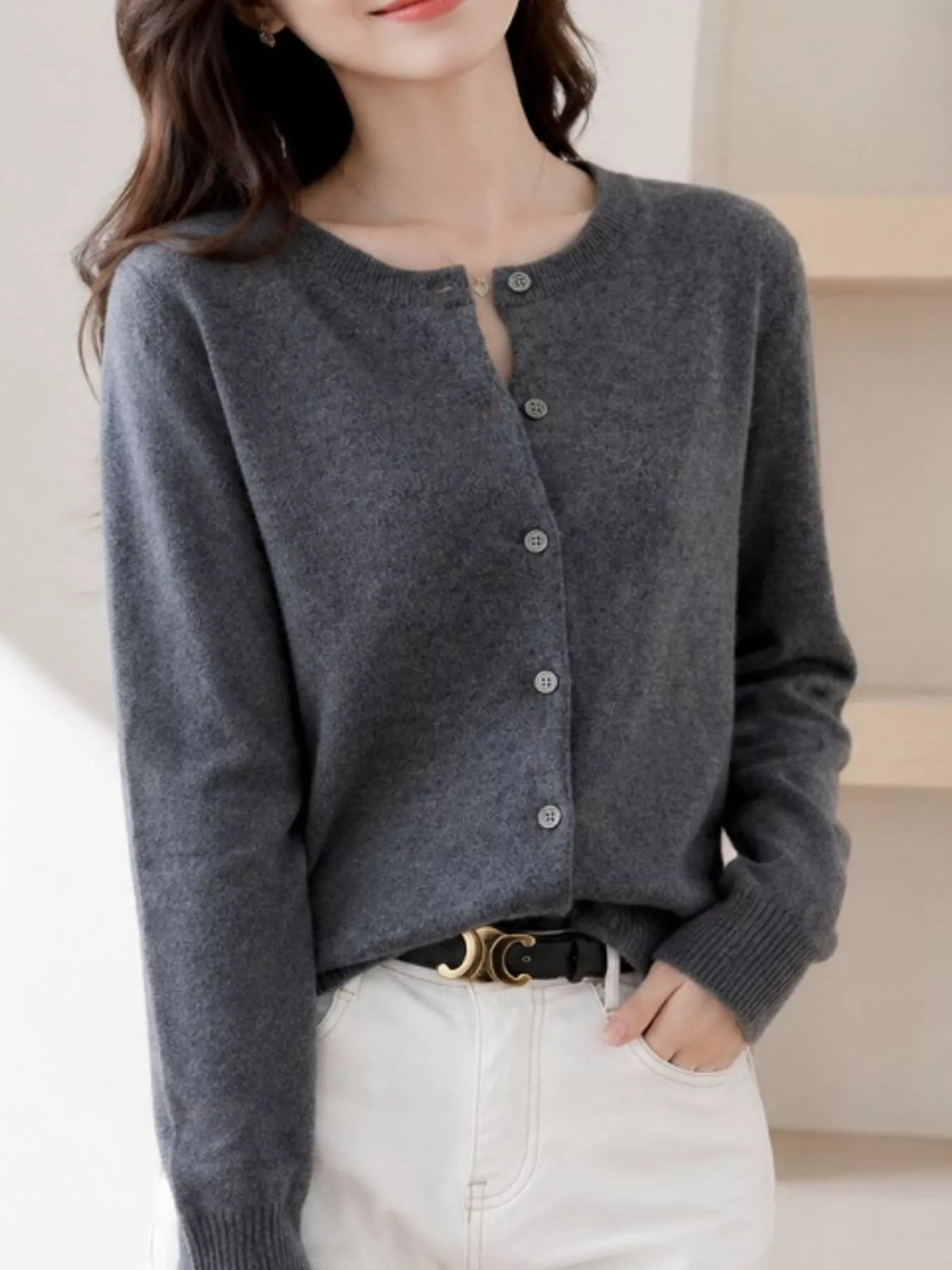 Dark gray crew neck button-front cardigan