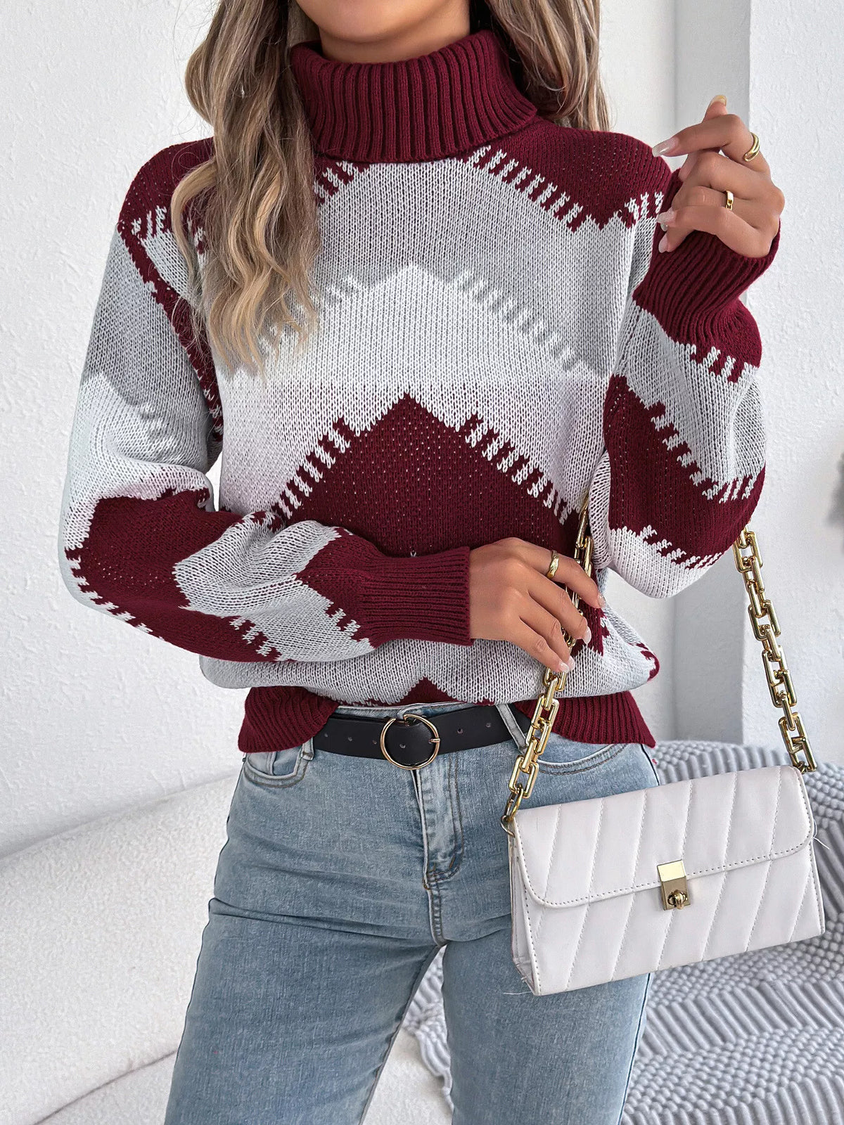 Wine Red chevron pattern turtleneck sweater