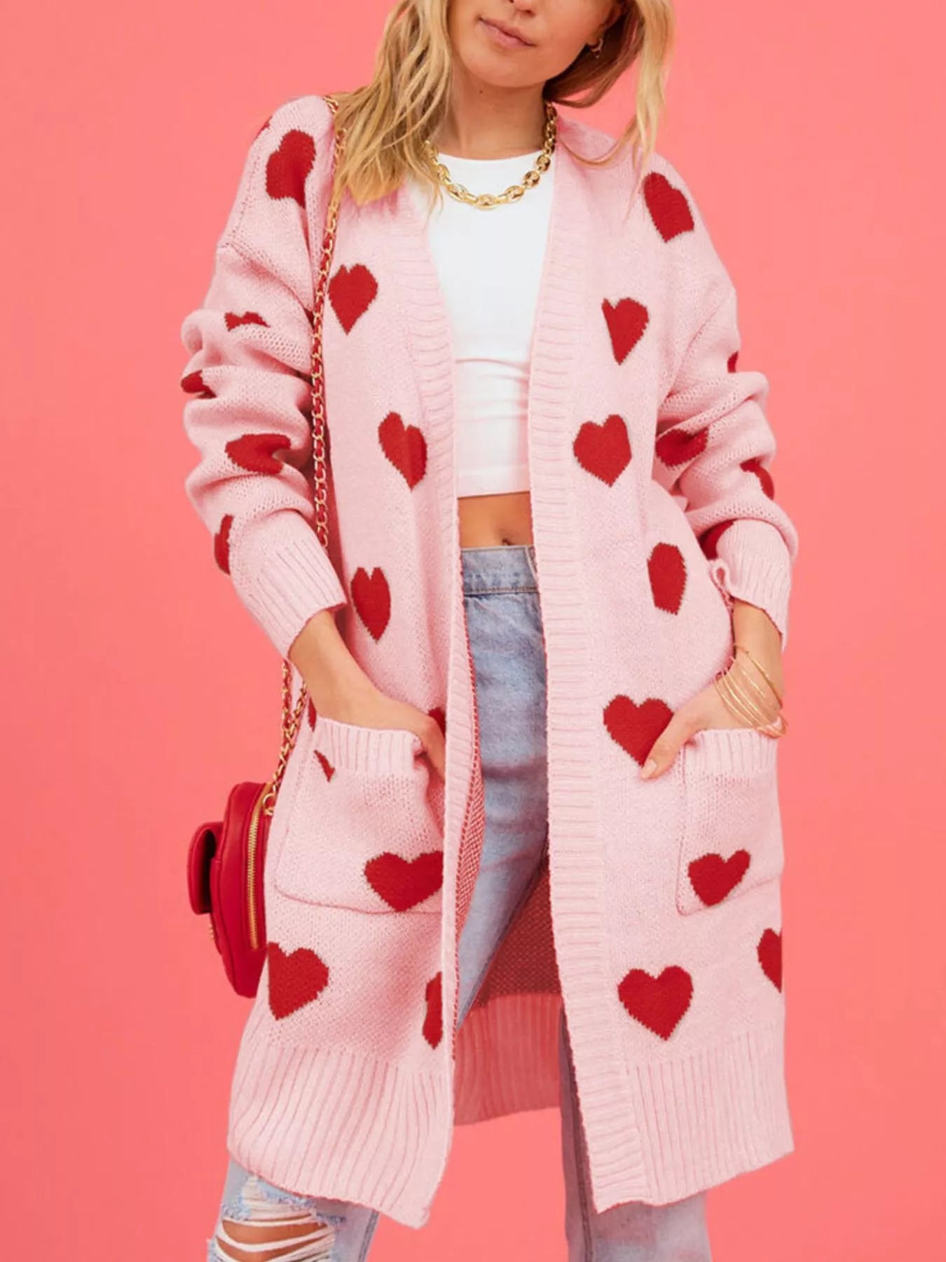 Trendsi Heart Pattern Open Front Longline Cardigan -