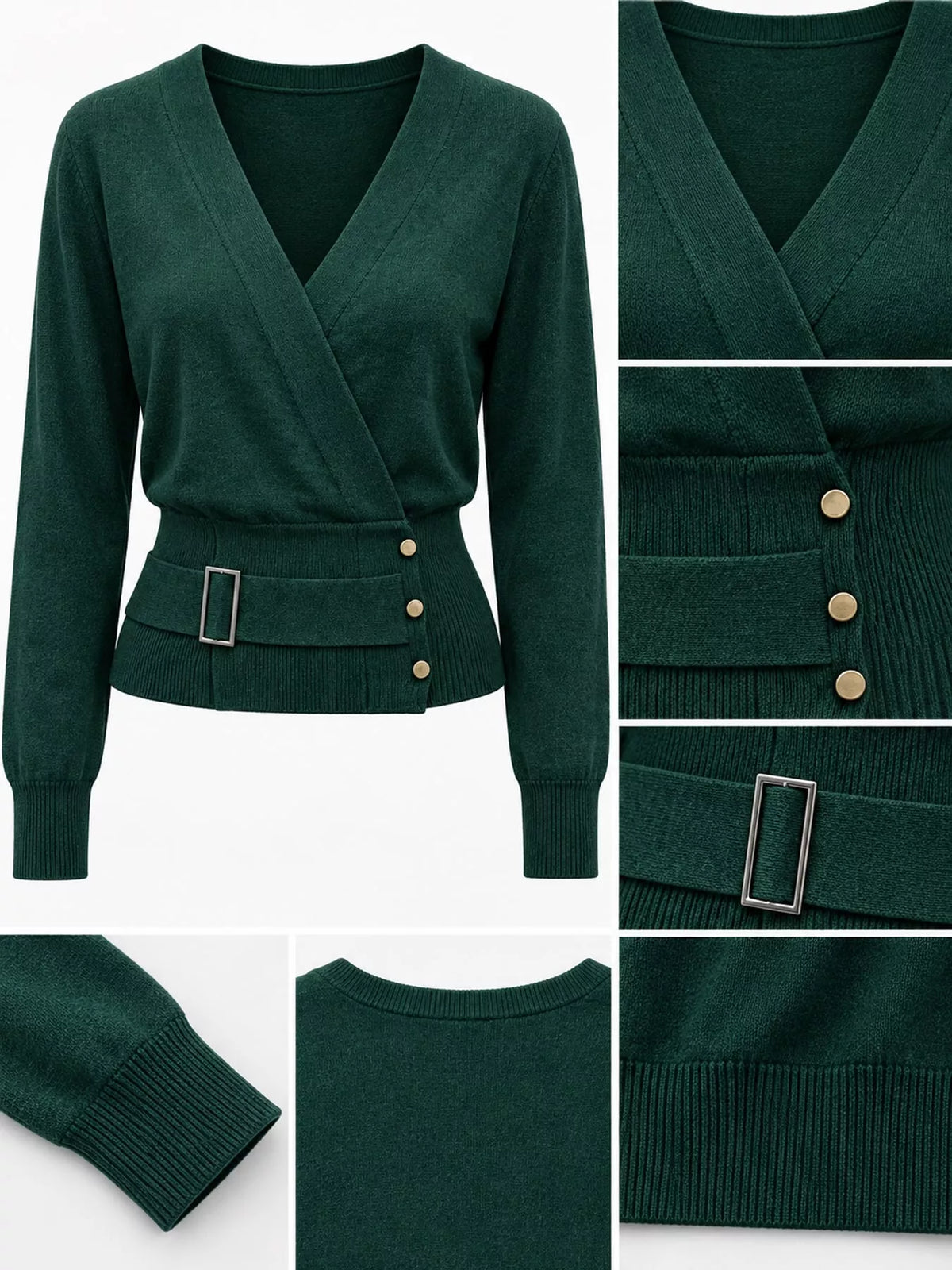 Surplice knit top, green detail collage