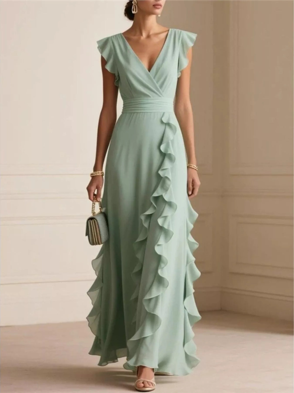 Women's Ruffled Surplice Maxi Dress in Green, front view