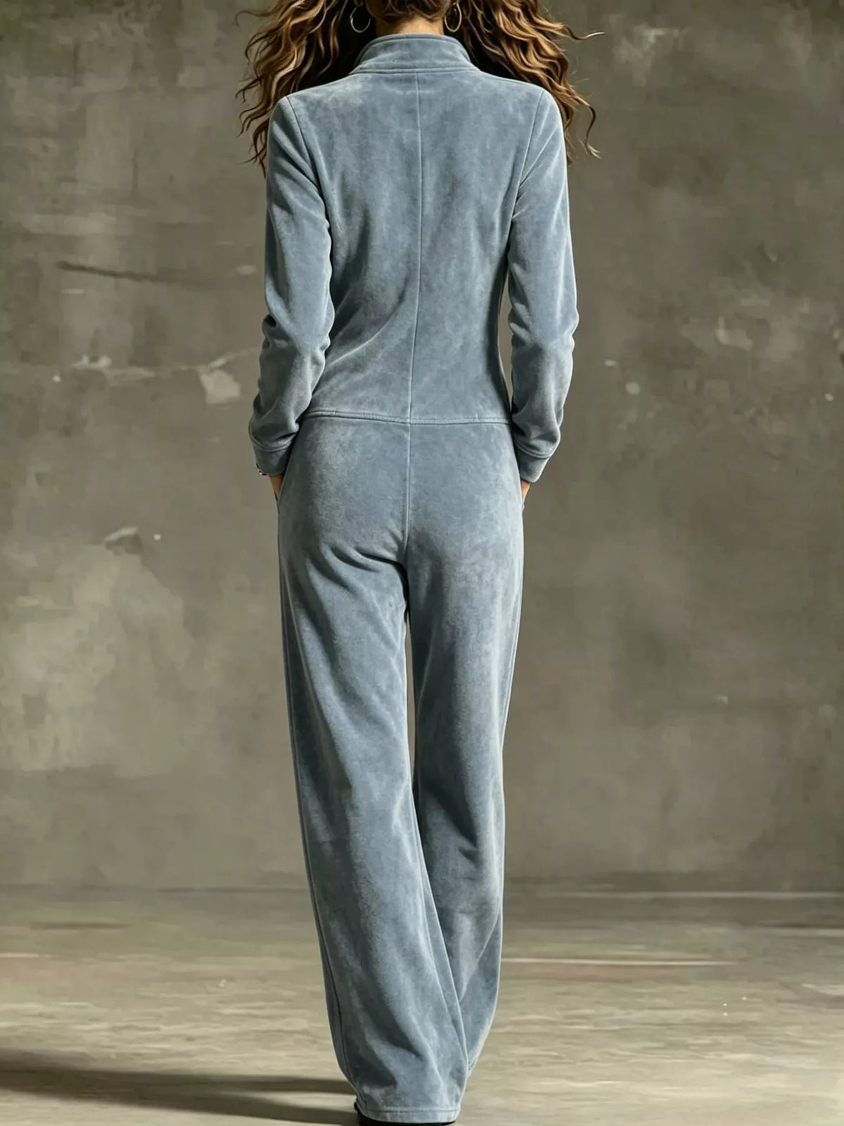Velour Zip-Up Jumpsuit with Pockets, back view