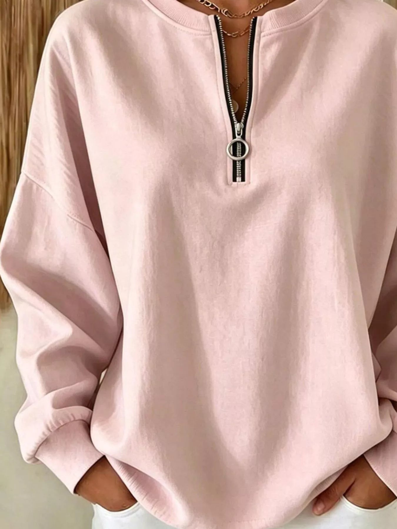Trendsi Quarter-Zip Dropped Shoulder Sweatshirt -