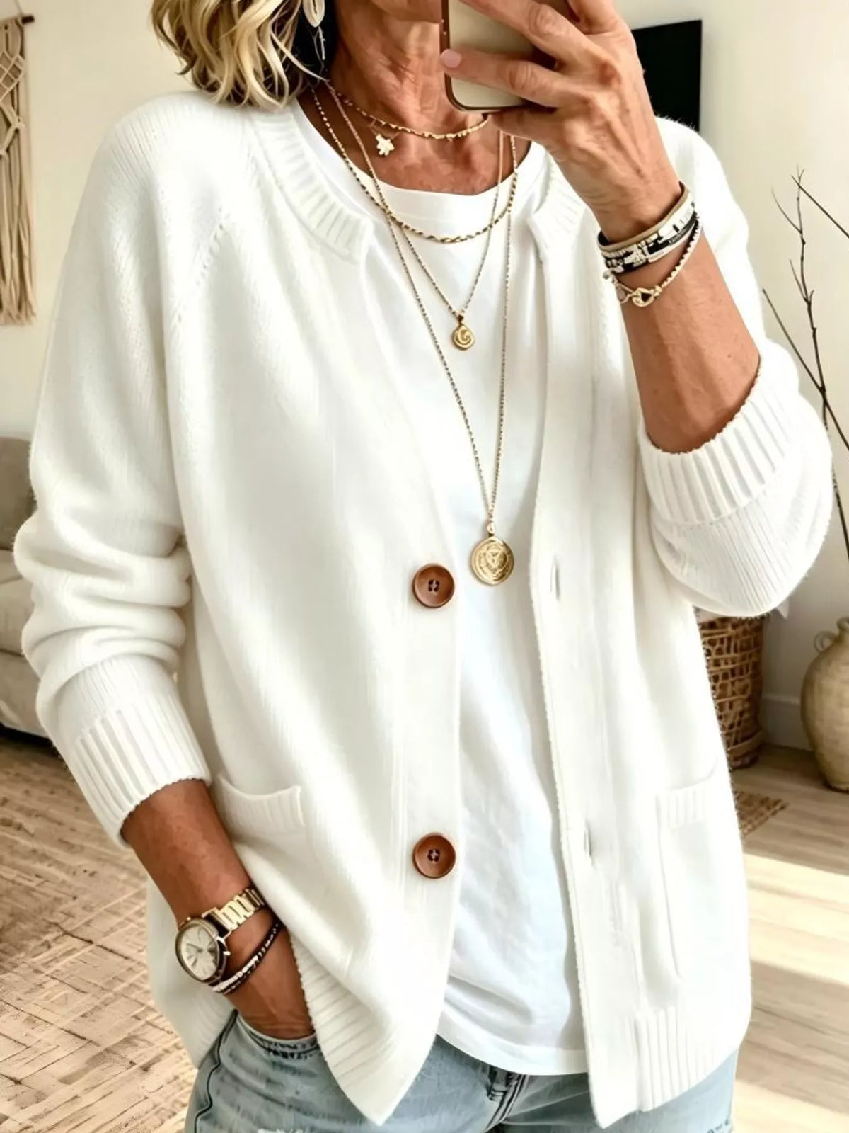 Women's Button-Down Knit Cardigan in white — front view