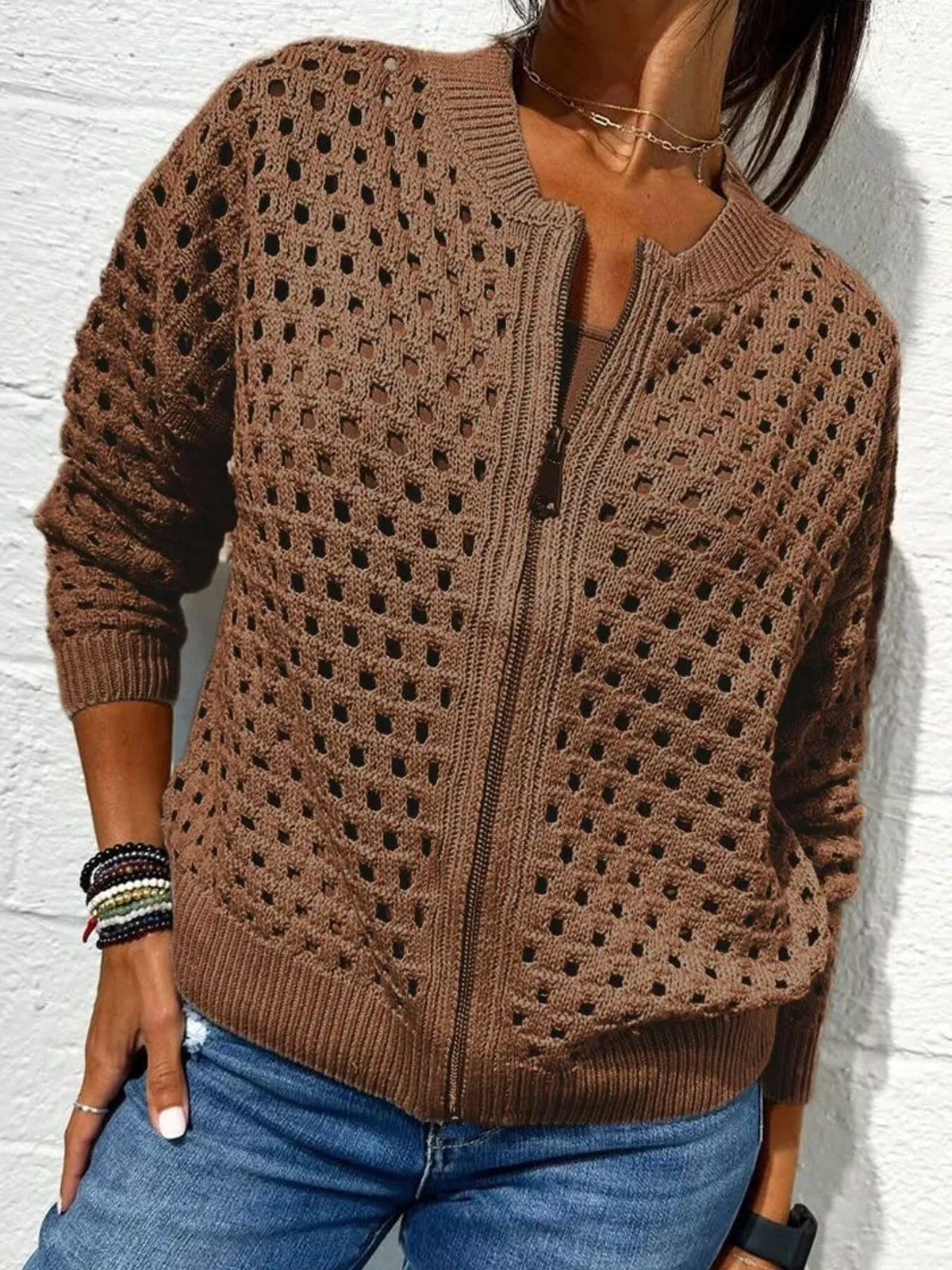 Trendsi Full Size Crochet Knit Zip-Up Cardigan Plus Size -