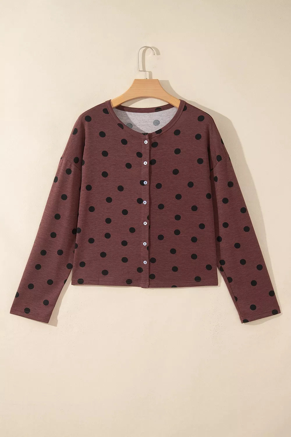 Polka Dot Button Front Long Sleeve Shirt in brown, hanger front view