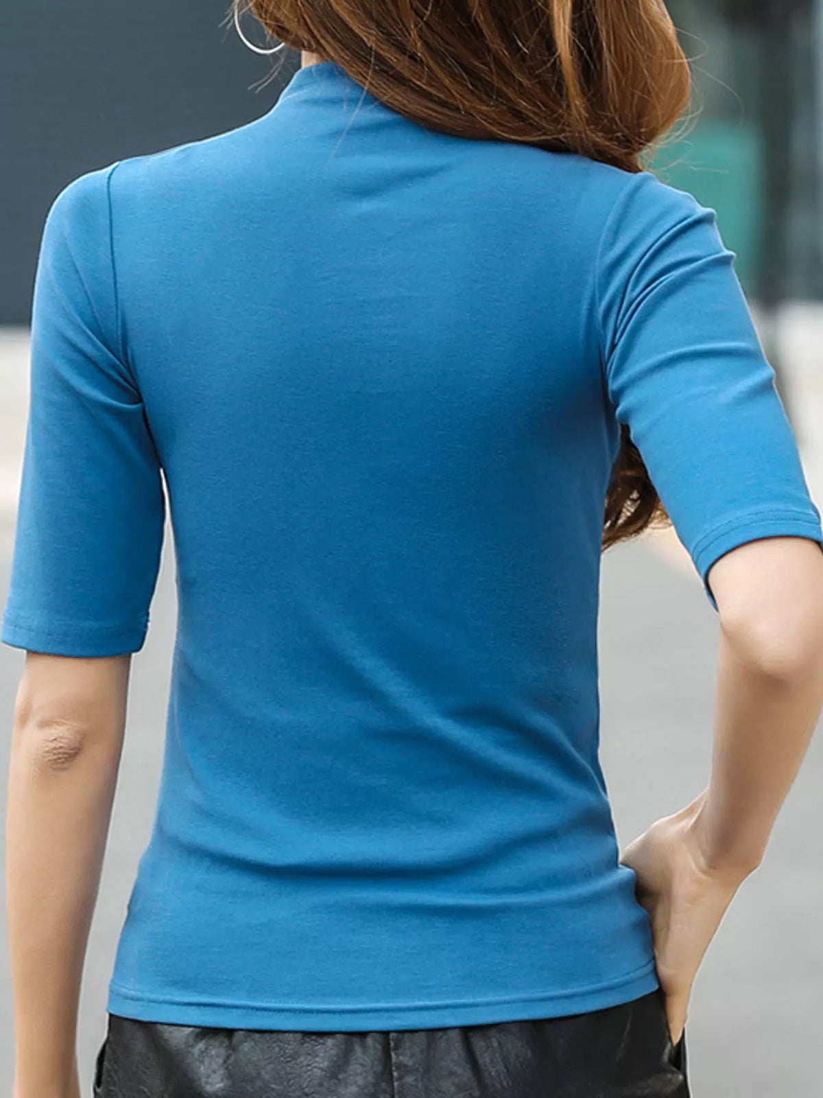 Blue mock neck half sleeve t-shirt, back view