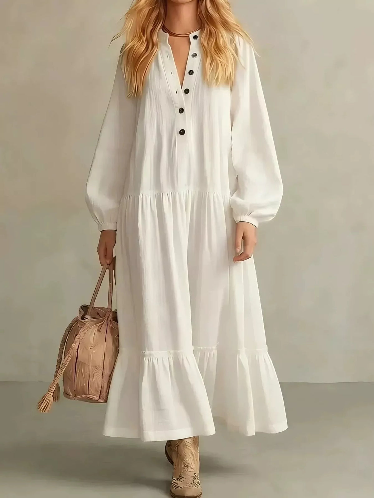 Button Front Tiered Maxi Dress in ivory, front view