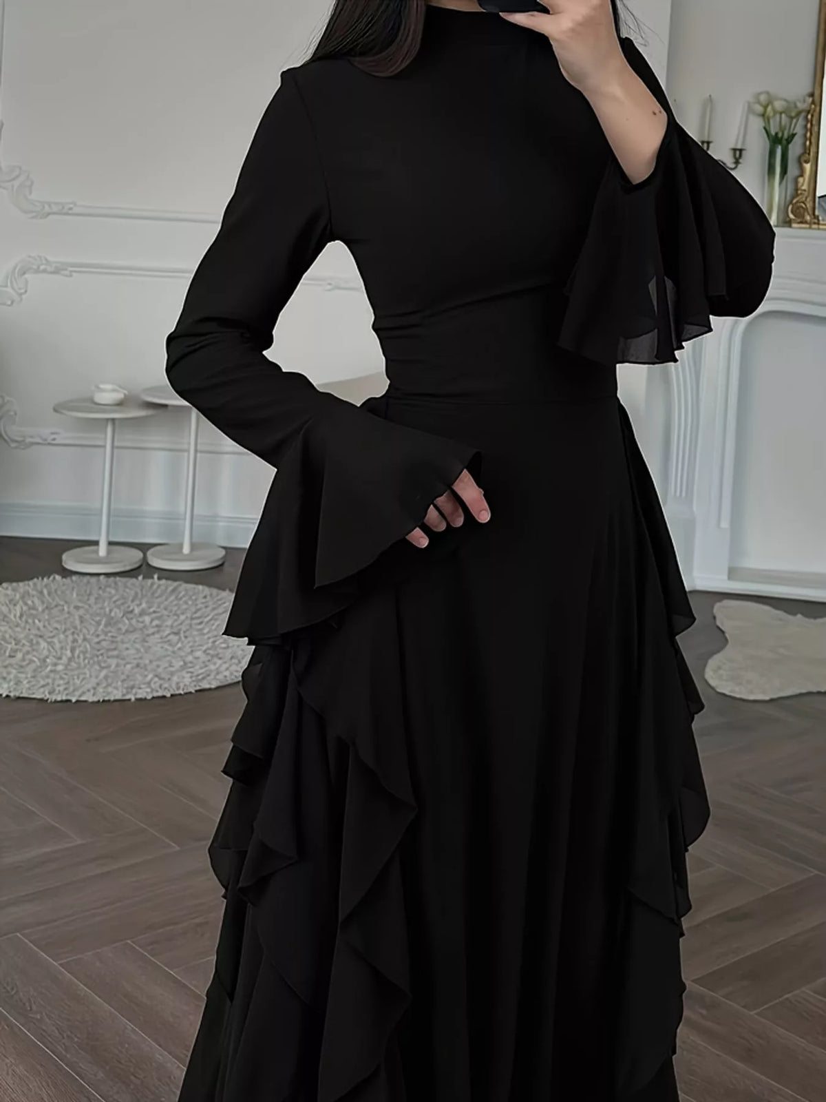 Mock neck long sleeve maxi dress, construction and design details