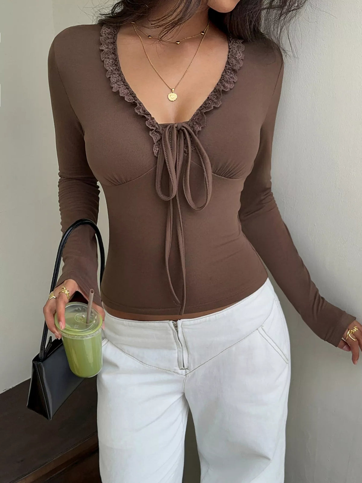 Lace-trimmed v-neck long sleeve t-shirt