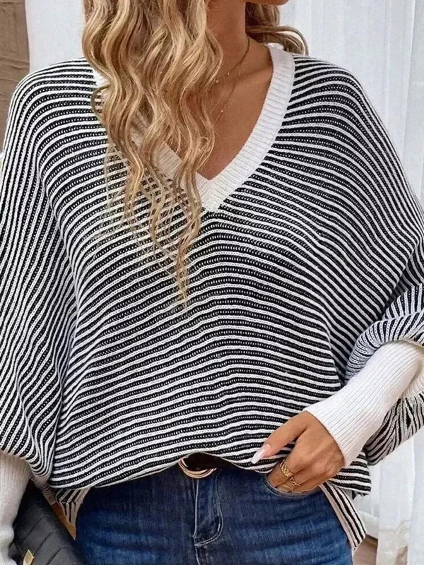 Trendsi V-Neck Striped Batwing Sleeve Sweater -
