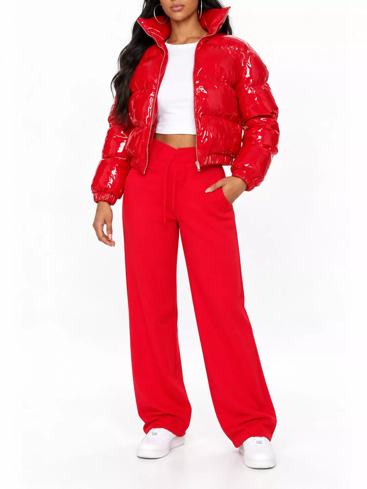 Glossy Stand-Collar Zip-Up Puffer Jacket — front view