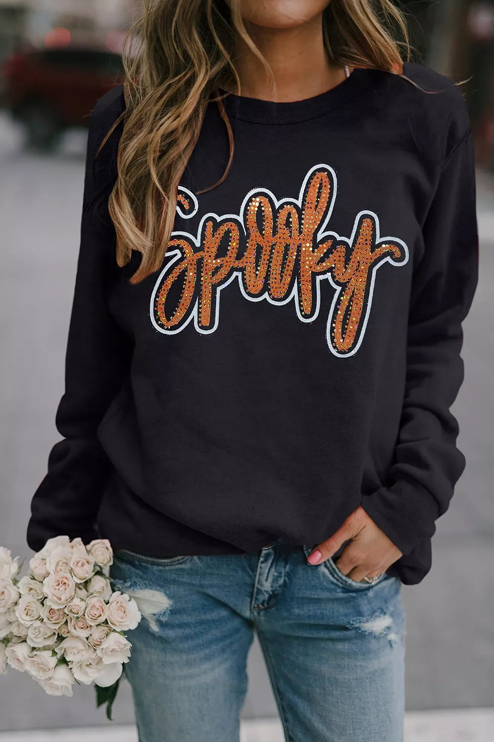 Trendsi Spooky Rhinestone Drop Shoulder Sweatshirt -