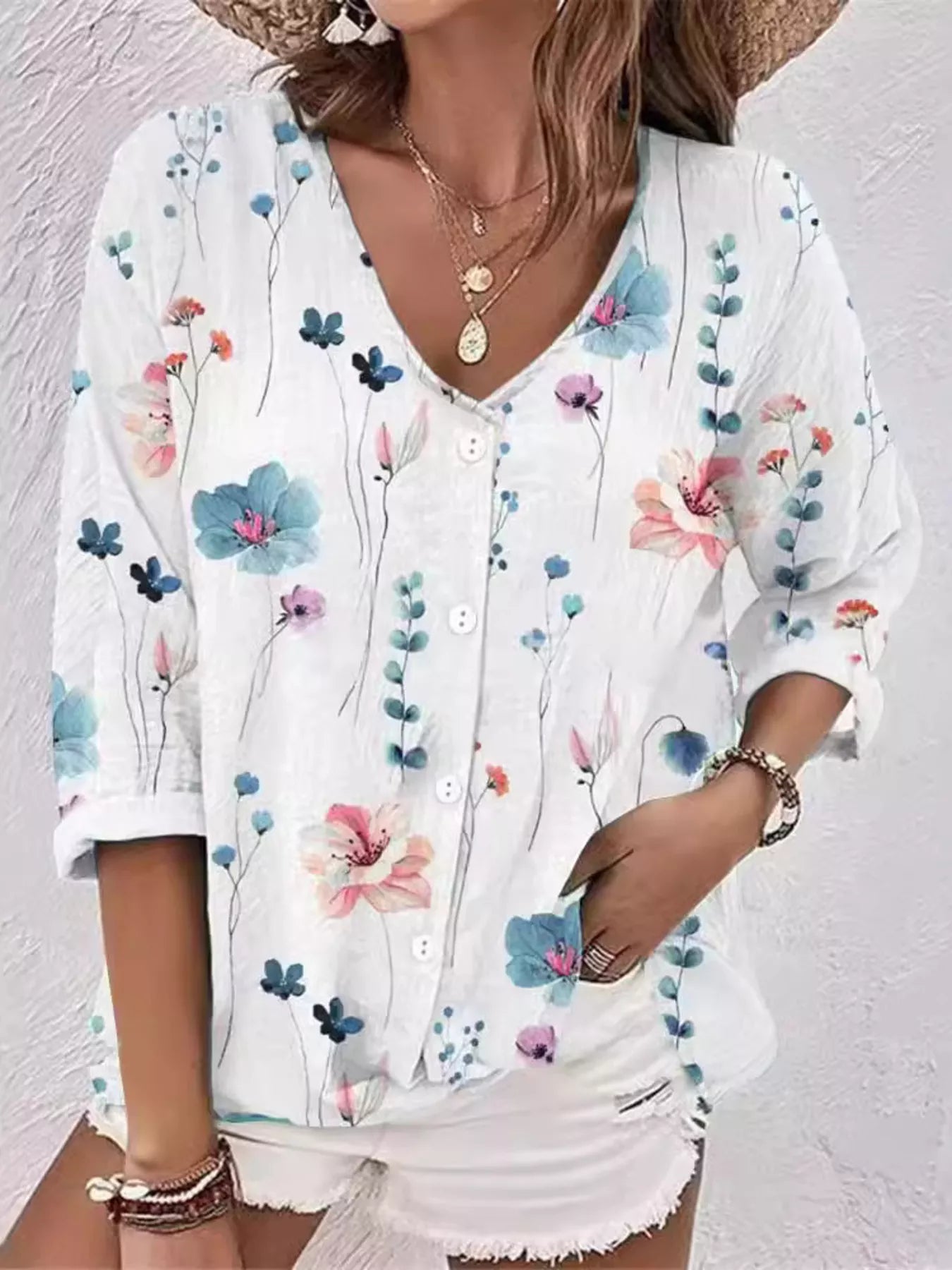 Trendsi Floral Print V-Neck Button-Down Shirt -