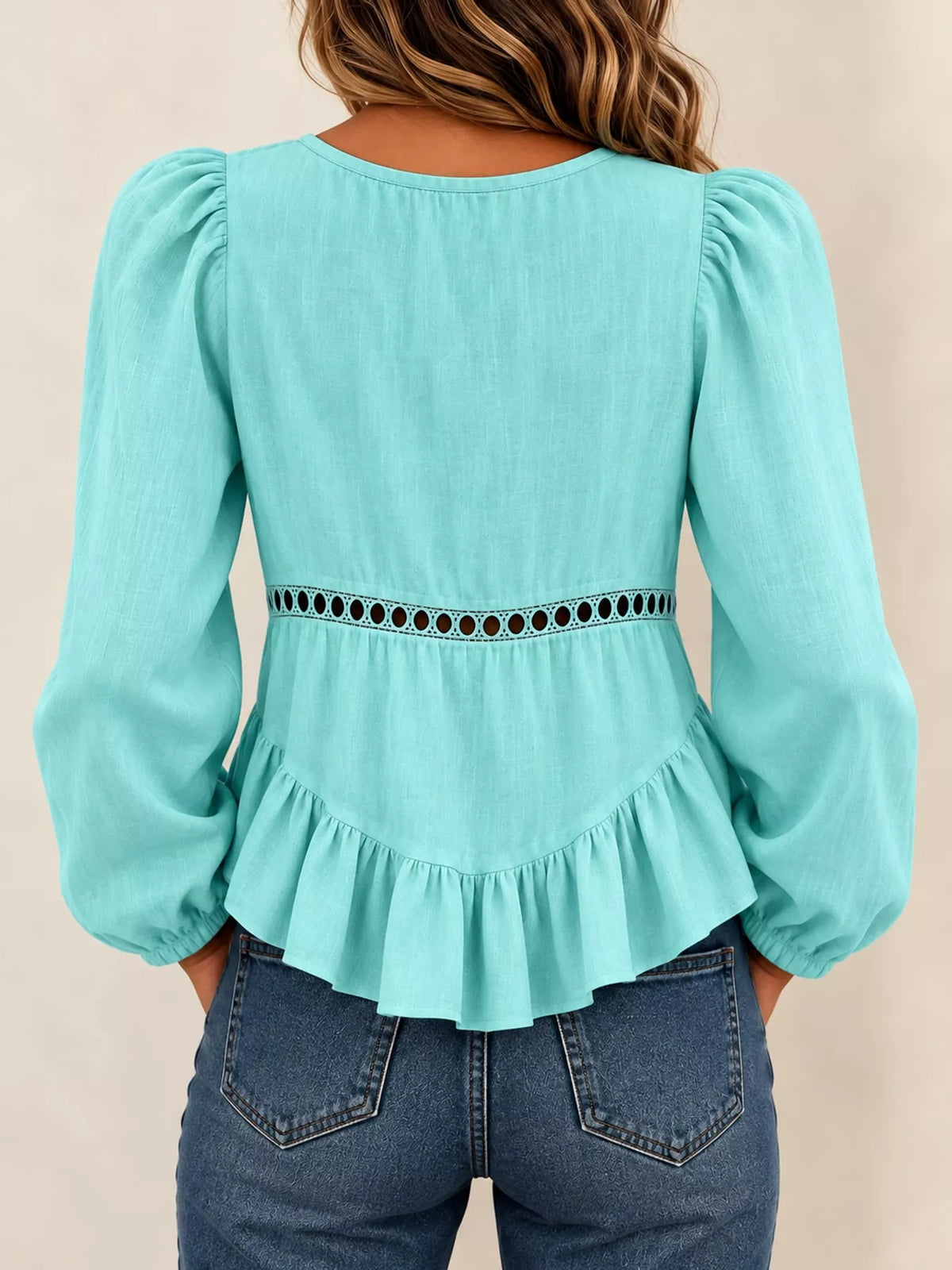 Women's Long Sleeve Blouse with Eyelet Lace Trim and Ruffled Hem in aqua — back view