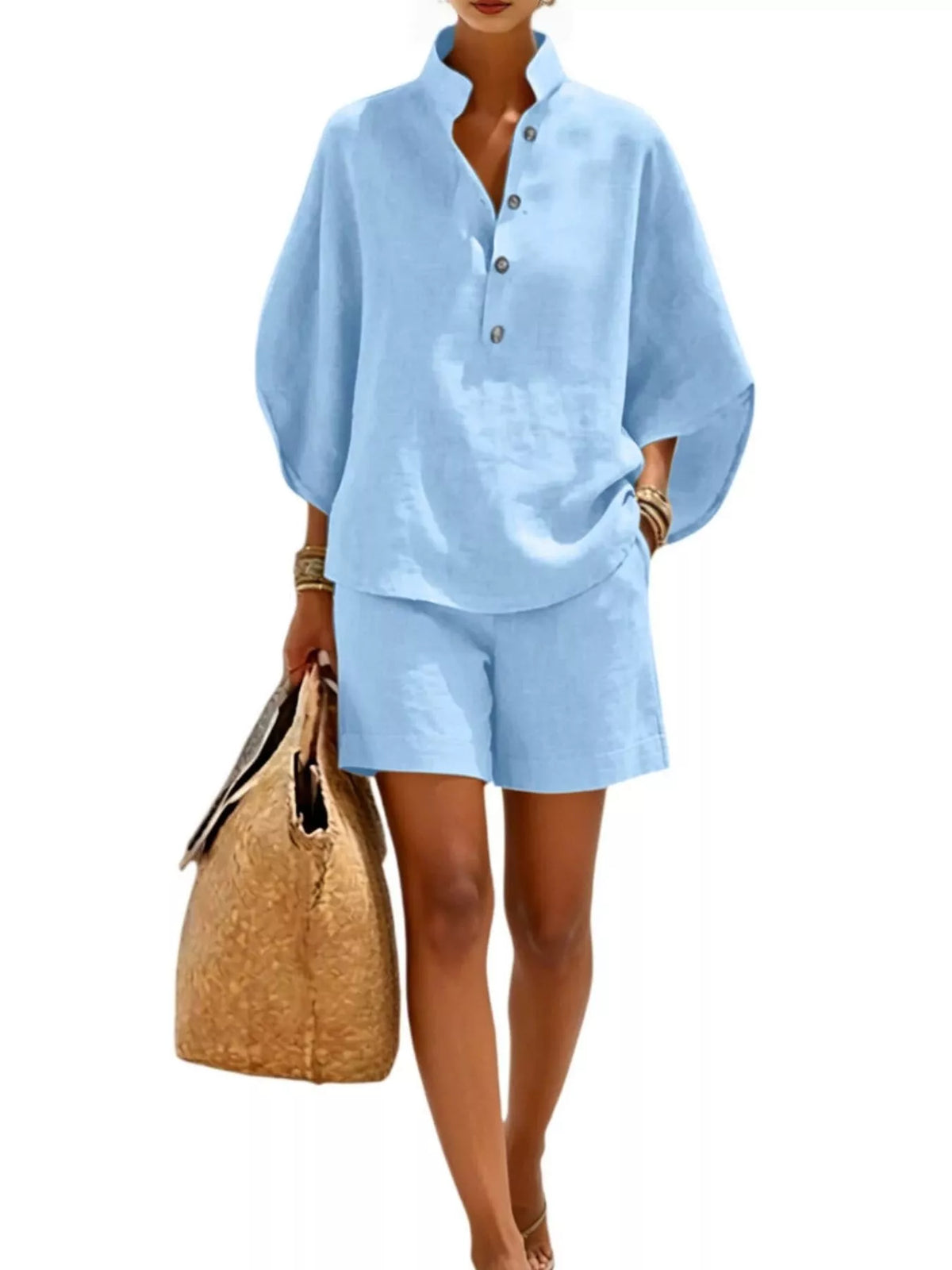 Button Detail Loose Fit Top and Shorts Set in light blue, front view