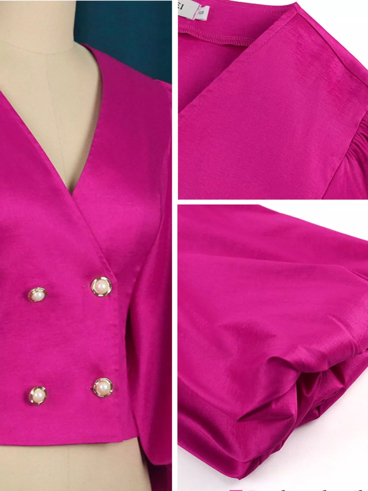 Fuchsia double-breasted puff sleeve blouse, neckline and sleeve details