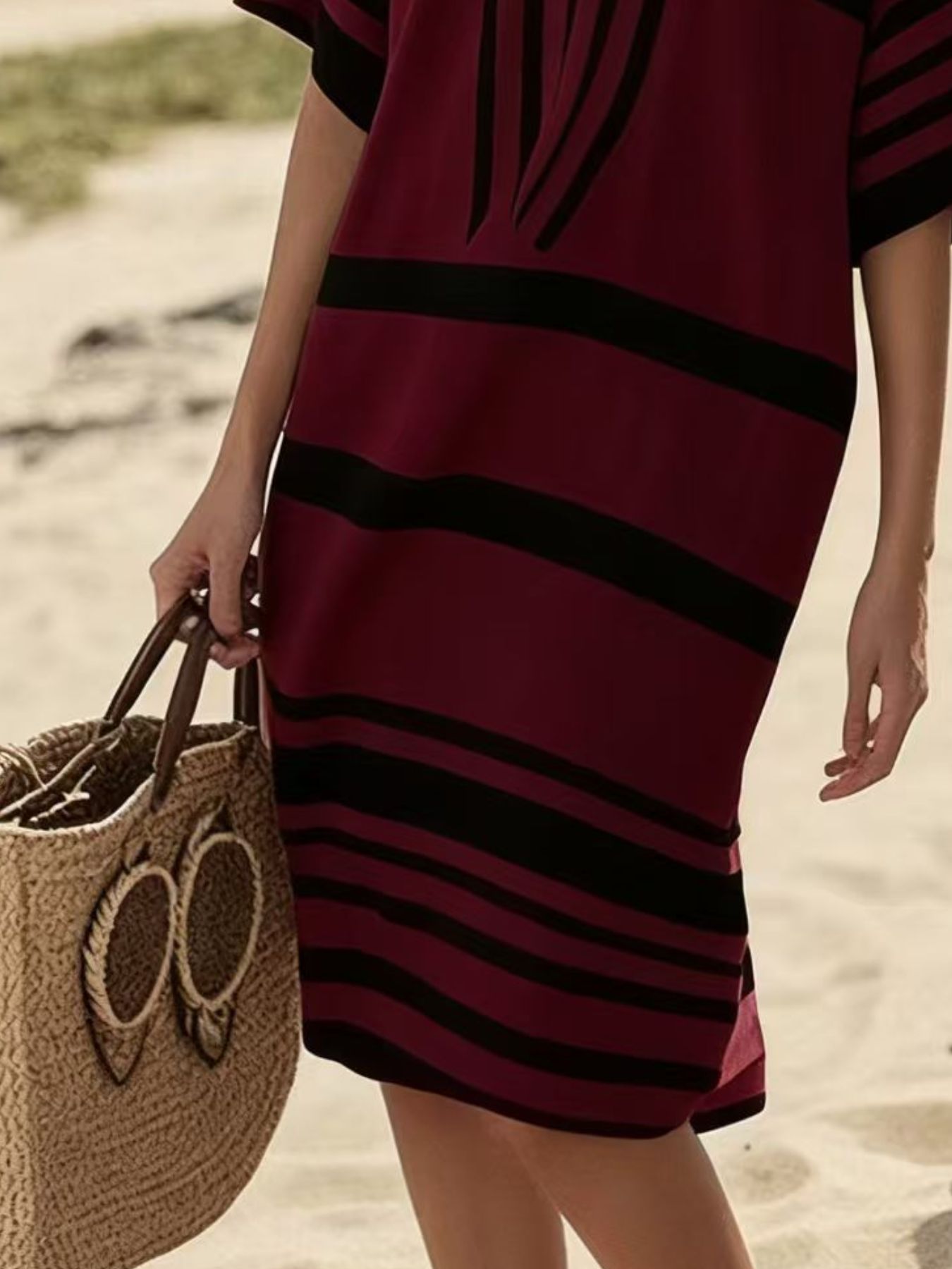 Trendsi Full Size Striped Half Sleeve Midi Dress Plus Size -