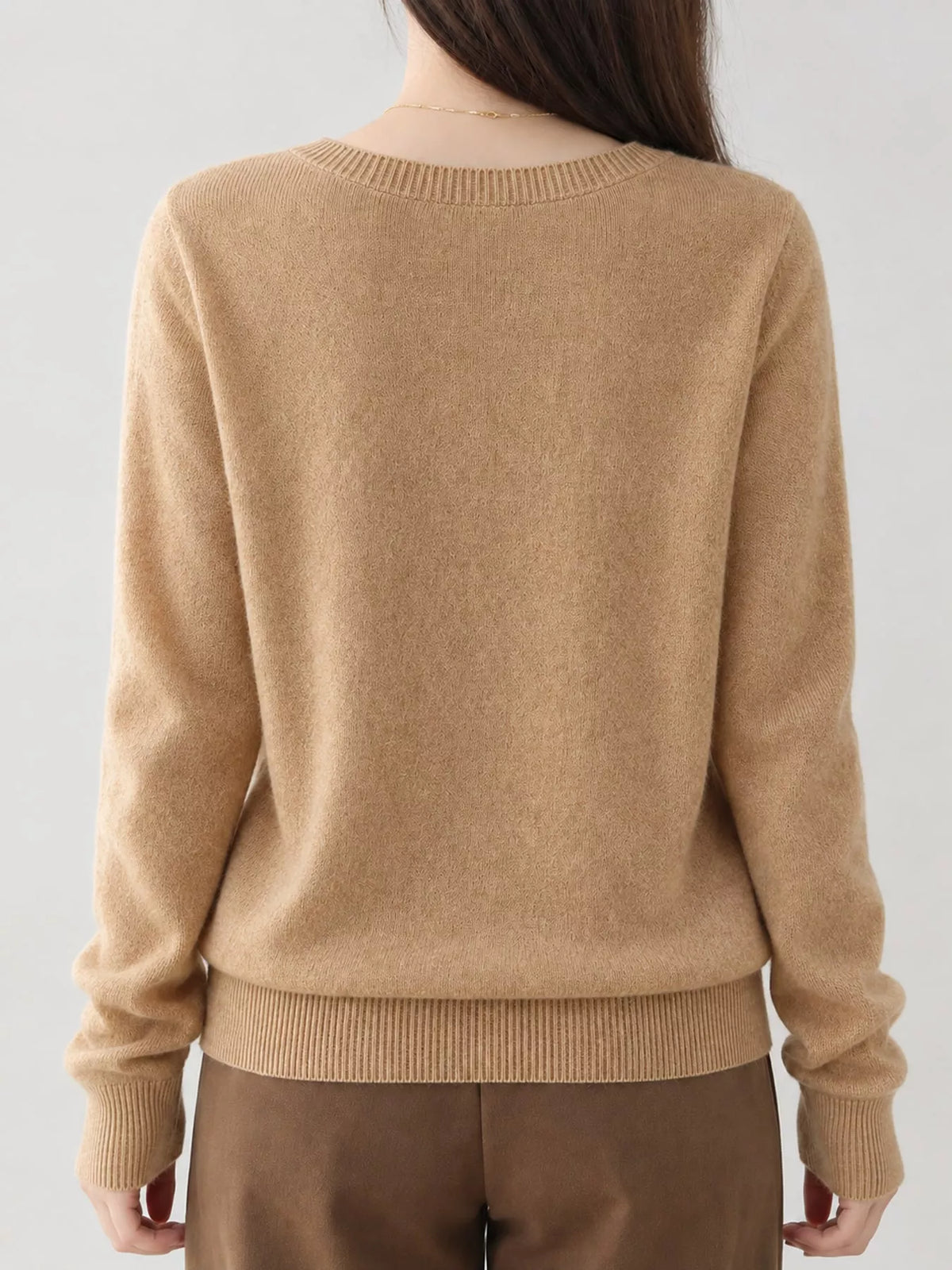 V-Neck Knit Sweater, back view in camel