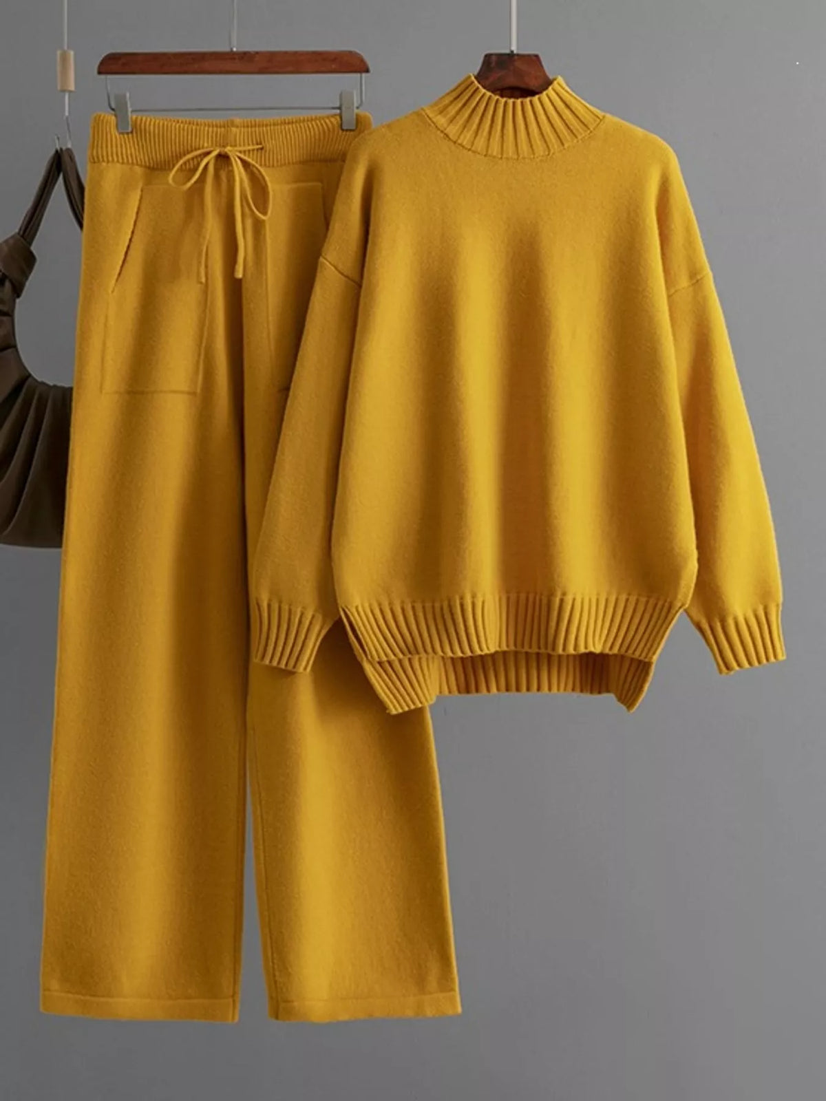 Mock Neck Sweater and Wide-Leg Pants Knit Set — garment front