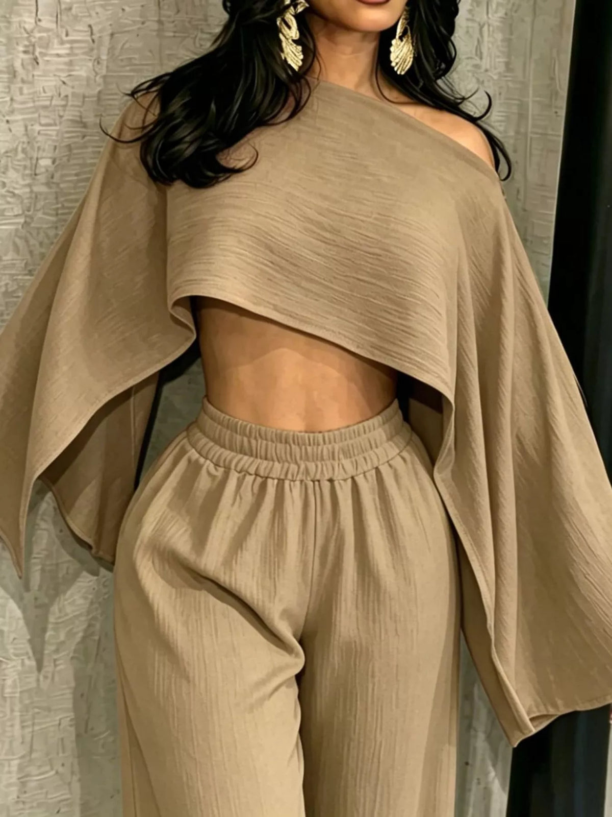 Women's Boat Neck Crop Top and Wide-Leg Pants Set in taupe — bodice detail view