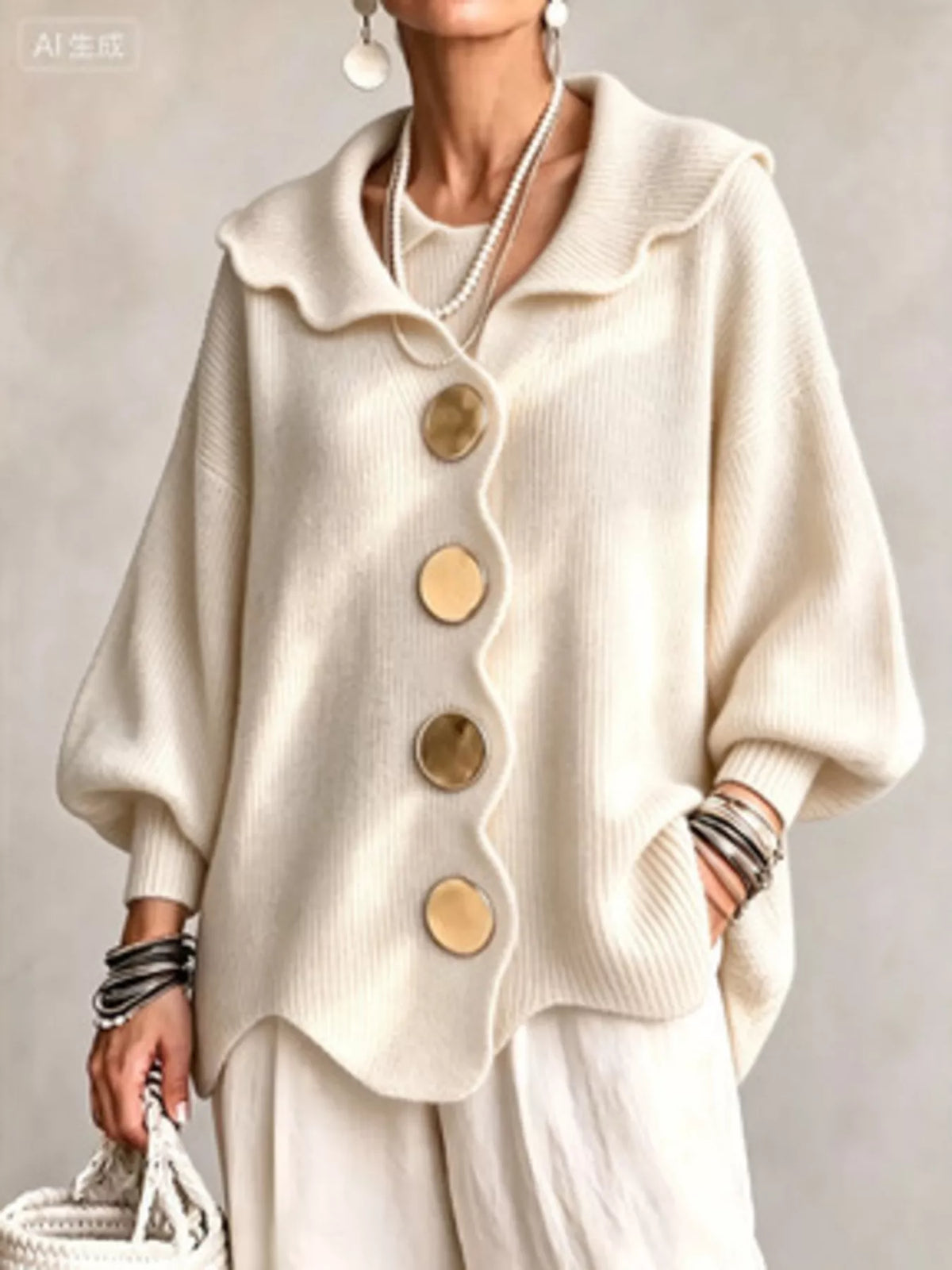 Beige scalloped-edge knit cardigan, front view