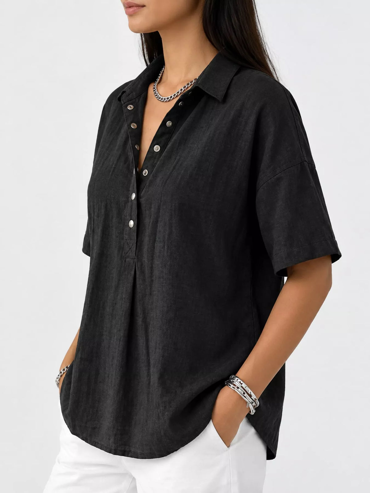 Snap Down Shirt in black, side view