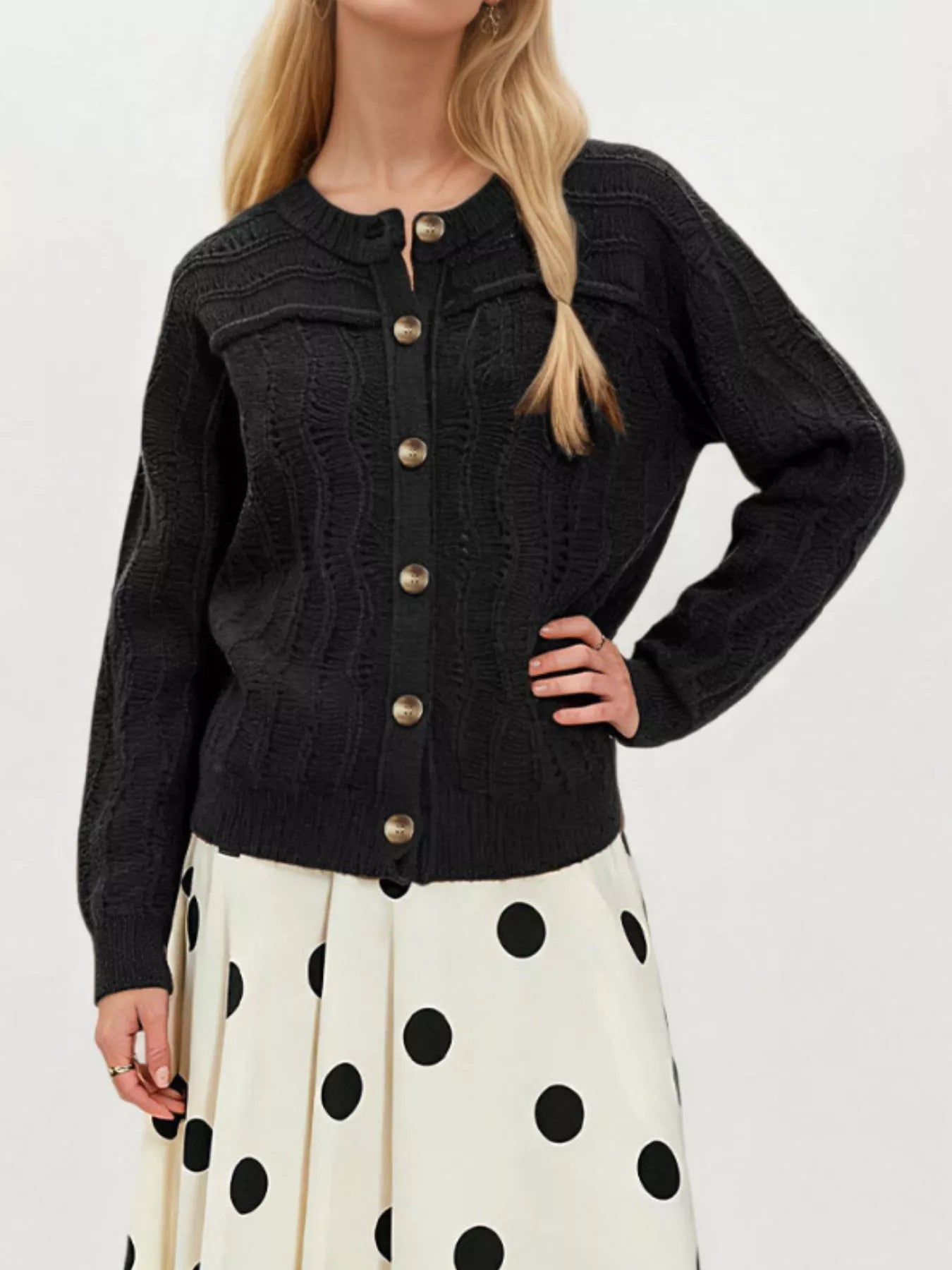 Trendsi Openwork Button-Down Knit Cardigan -
