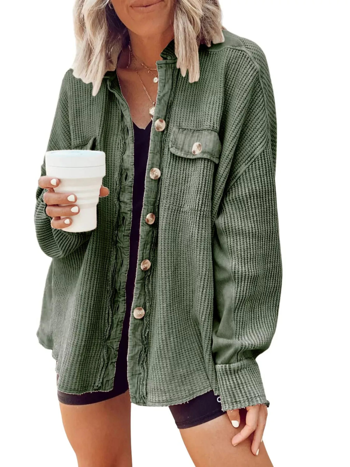 Trendsi Oversized Waffle Knit Button-Up Jacket -