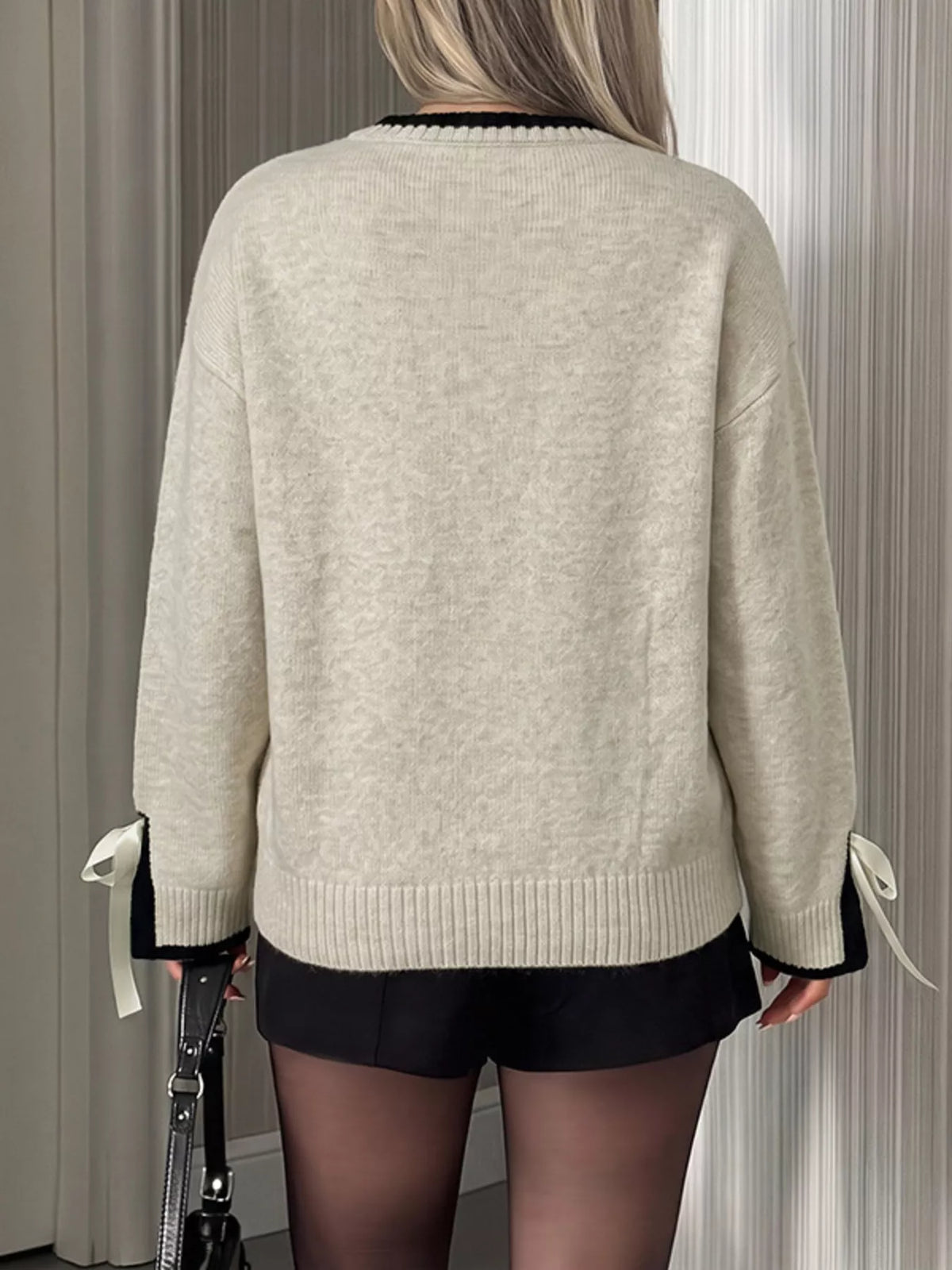 Trendsi Contrast Trim Ribbed Cuff Tie-Sleeve Sweater -