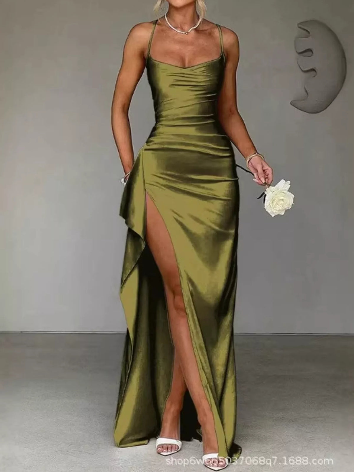 Olive satin ruched high slit maxi dress, front view