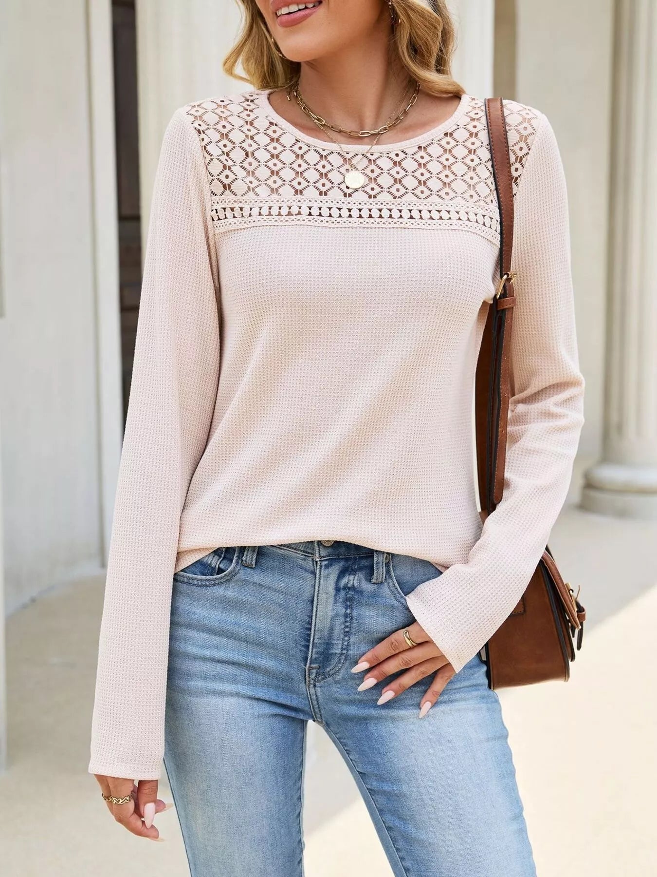 Trendsi Lace Panel Waffle Knit Long Sleeve T-Shirt -