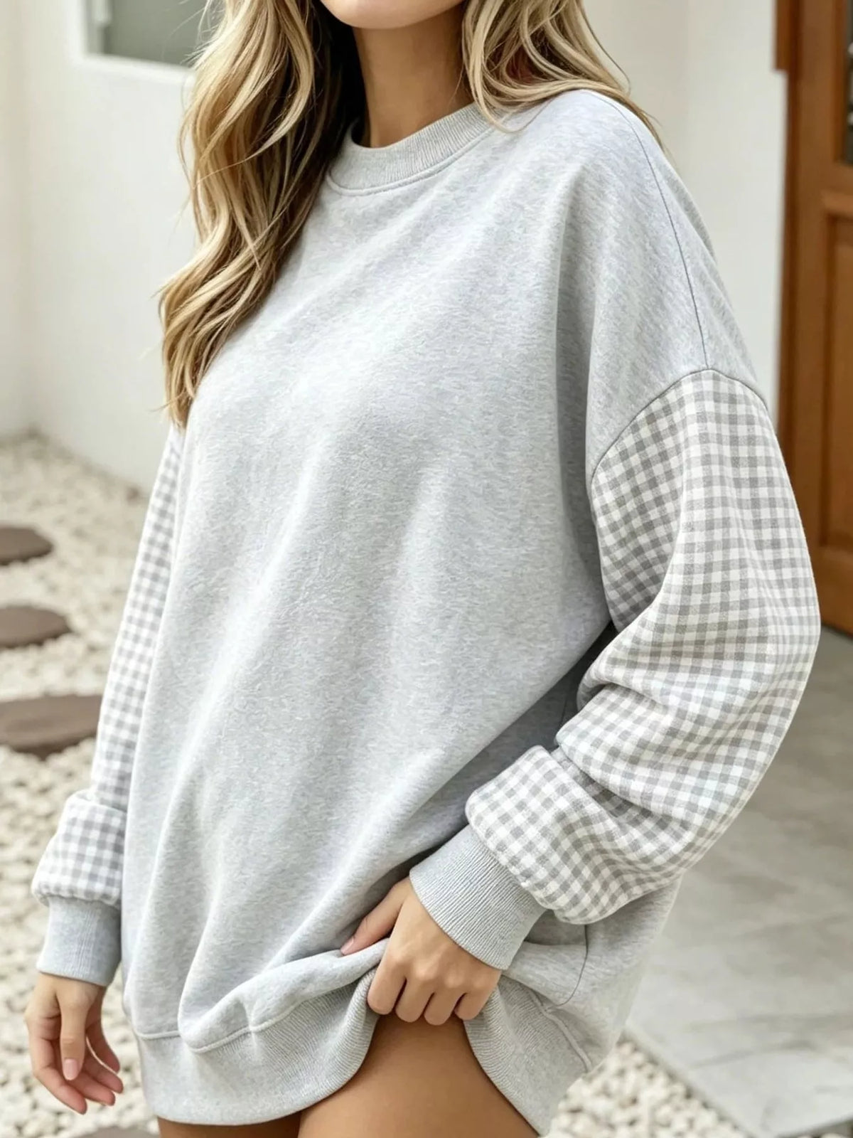 Gray and white gingham sleeve dropped shoulder sweatshirt, front view