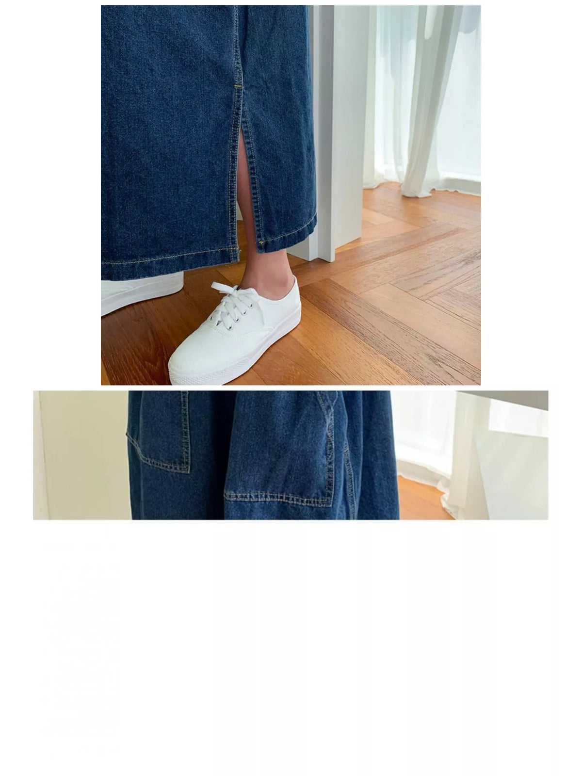 Blue button front denim shirt dress, detail view