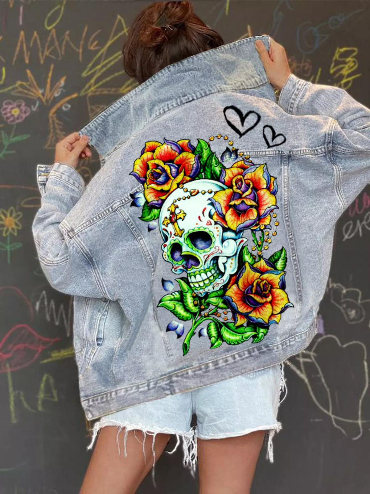 Trendsi Full Size Skull Graphic Button Up Denim Jacket Plus Size -