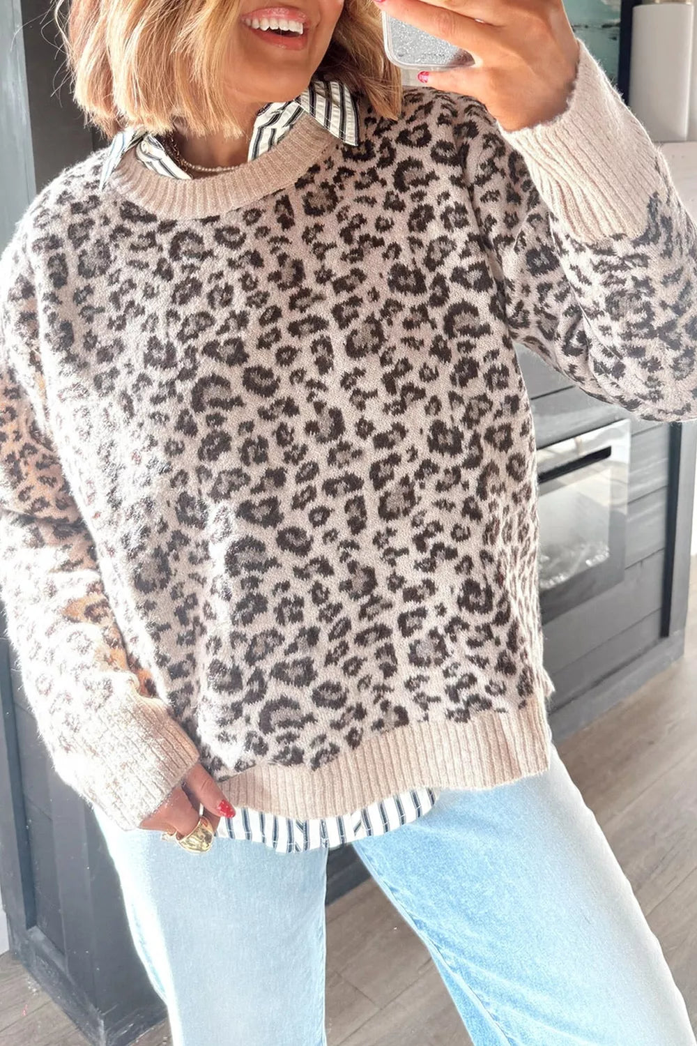 Brown Leopard Print Crew Neck Pullover Sweater front view