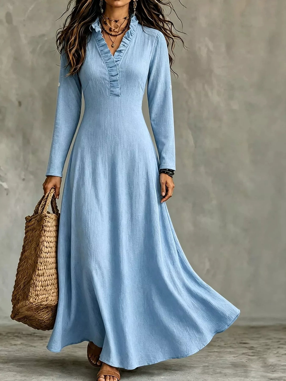 Frill-trim maxi dress, light blue front